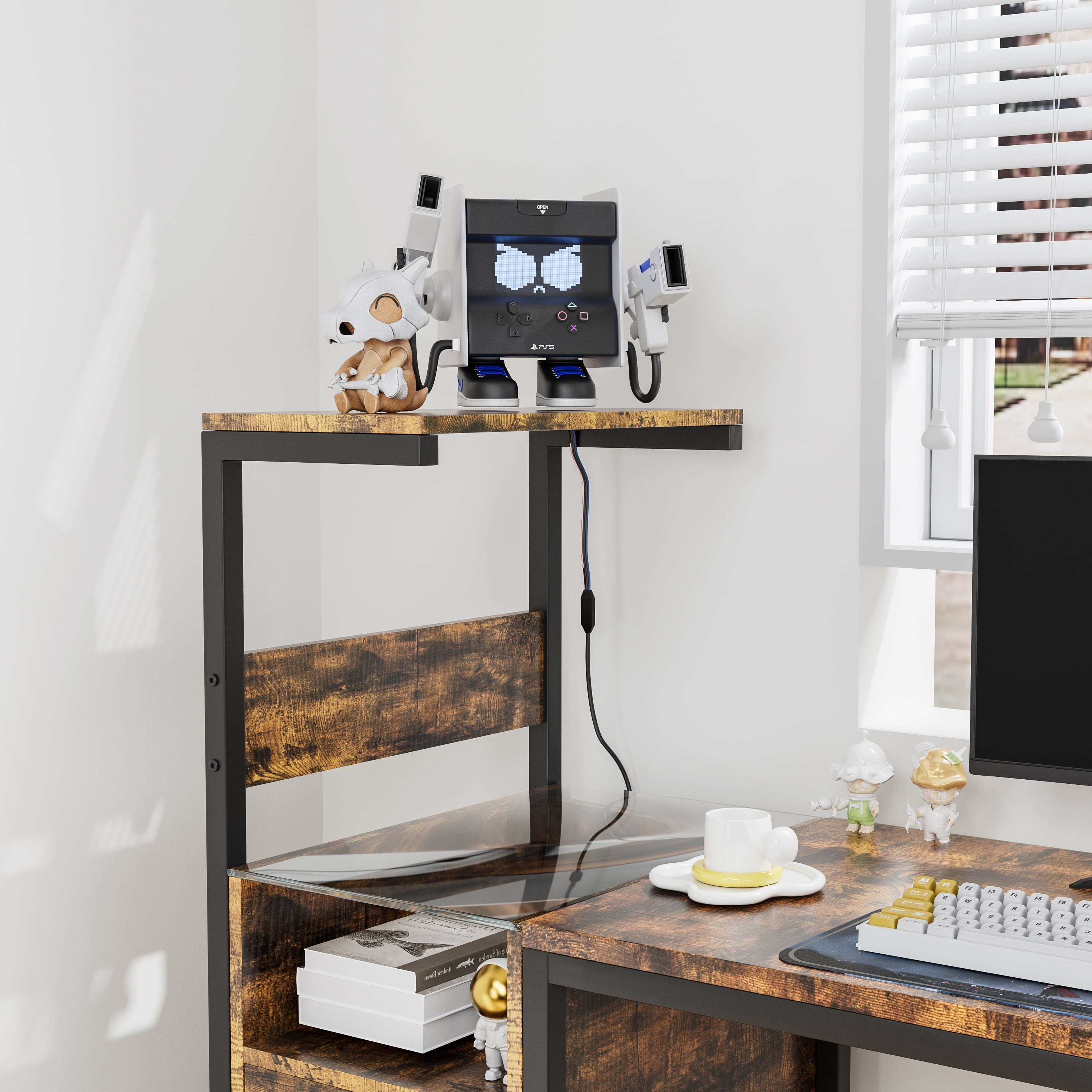 PuppyCheer Computer Desk with Power Outlet and Storage Shelves, Home Office Workstation with USB Charging Station (Brown, 48 in) on46h