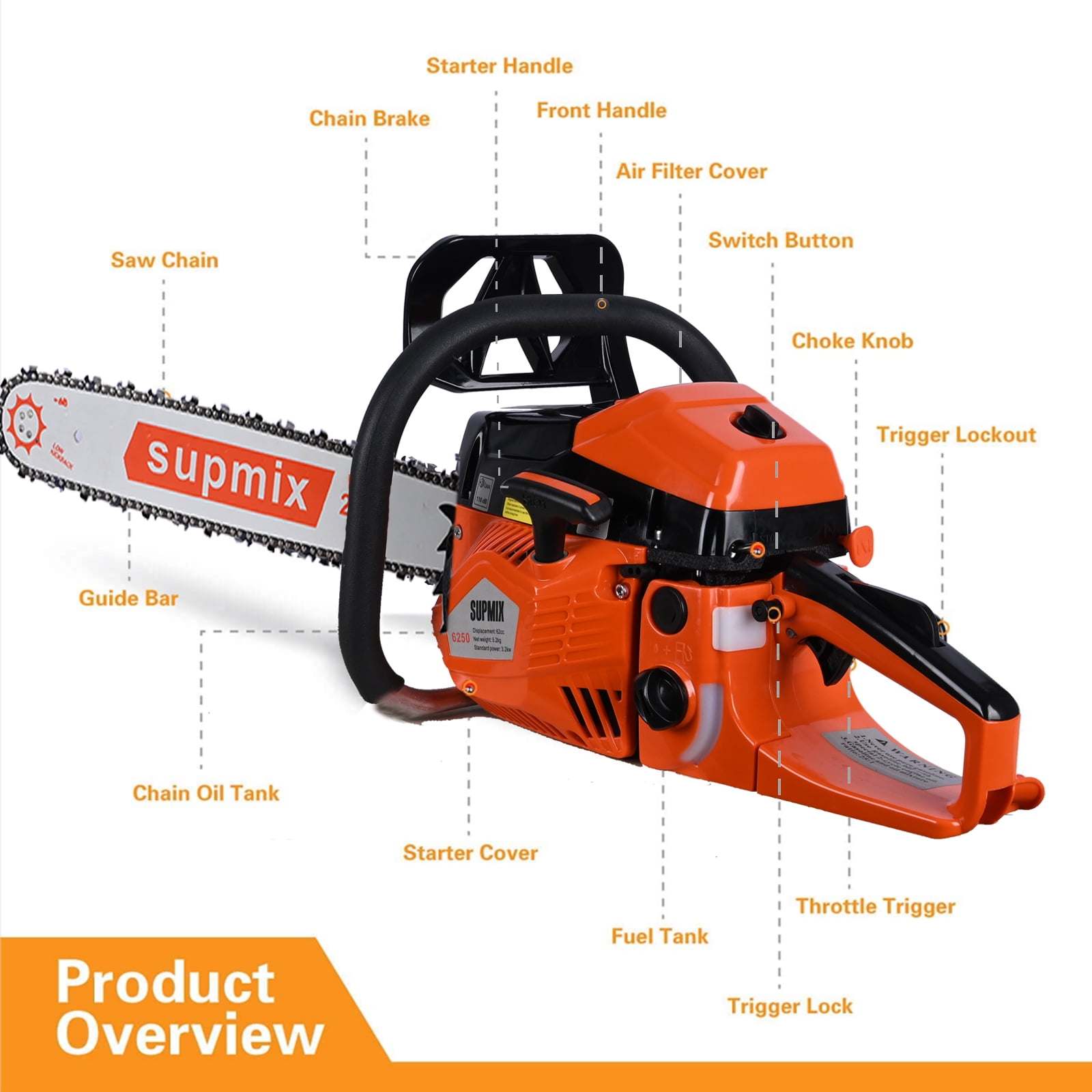 Supmix 62cc Gas Chainsaw, 20 in Professional Wood Cutting Power Saw (Red, 20 in) bjjox