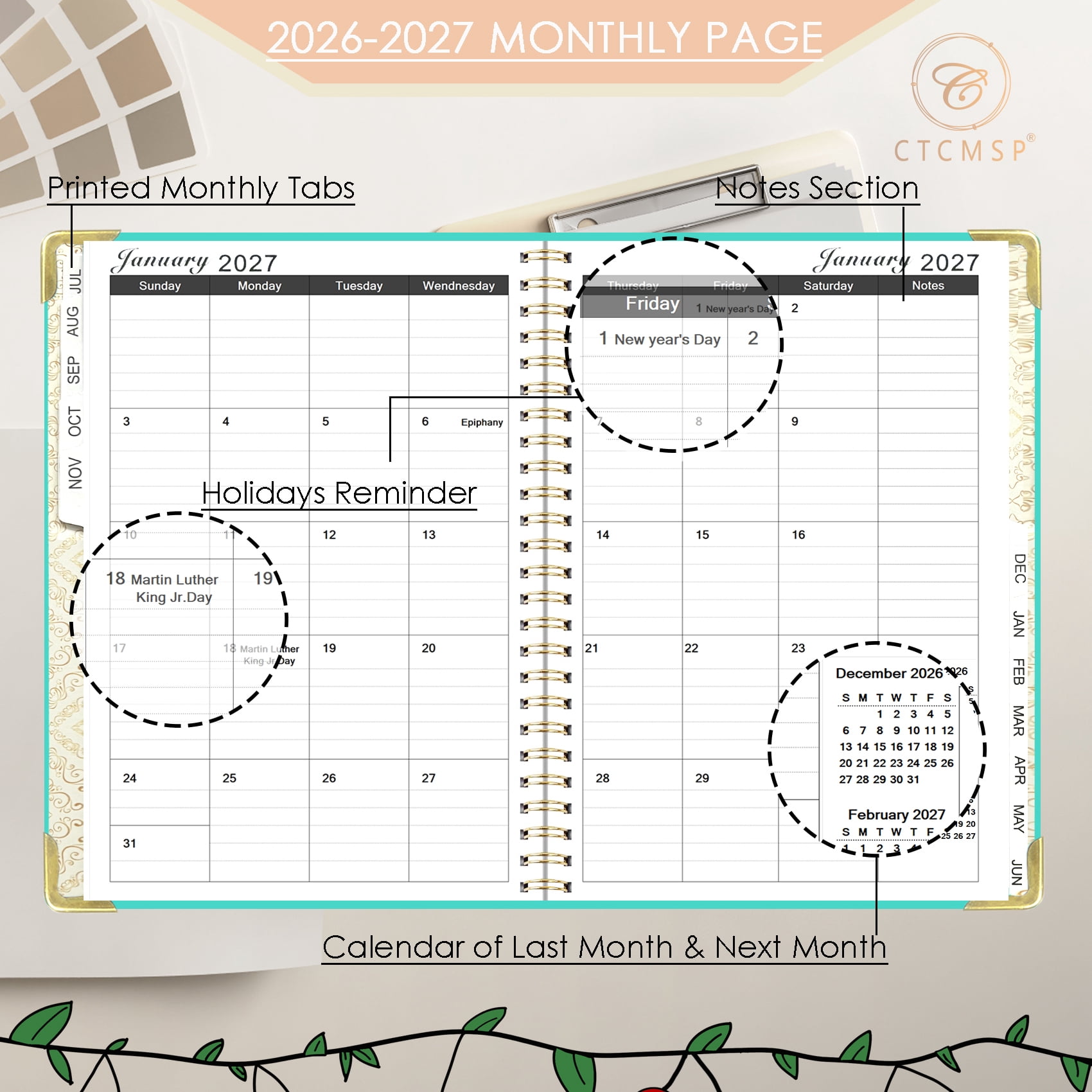 CTCMSP 2026-2027 Academic Planner Weekly and Monthly Organizer with Hardcover and Spiral Binding (Green, 6.3 in x 8.5 in) ecprw