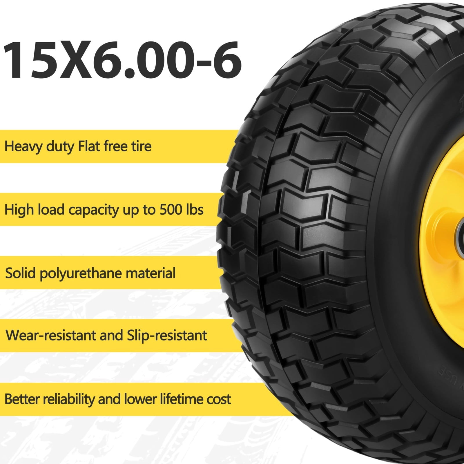 LOTMOVE 15x6.00-6 Flat-Free Lawn Mower Tire and Wheel Assembly (2 Pack, 500 lb Capacity, 3/4 in Bearing) 3uoew