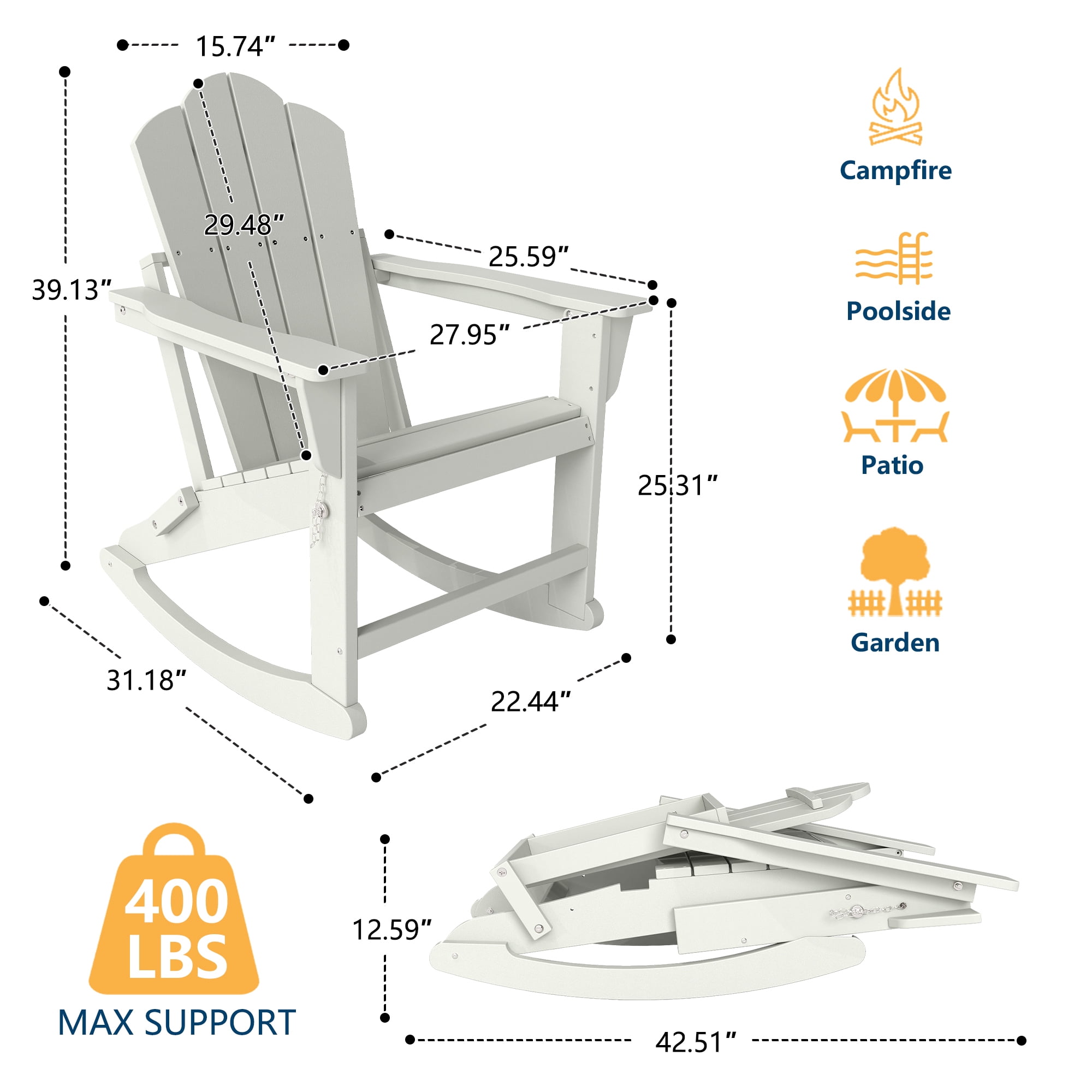 FOOWIN Folding Adirondack Rocking Chair Set (Weather-Resistant HDPE, White, 2-Pack) efjyn