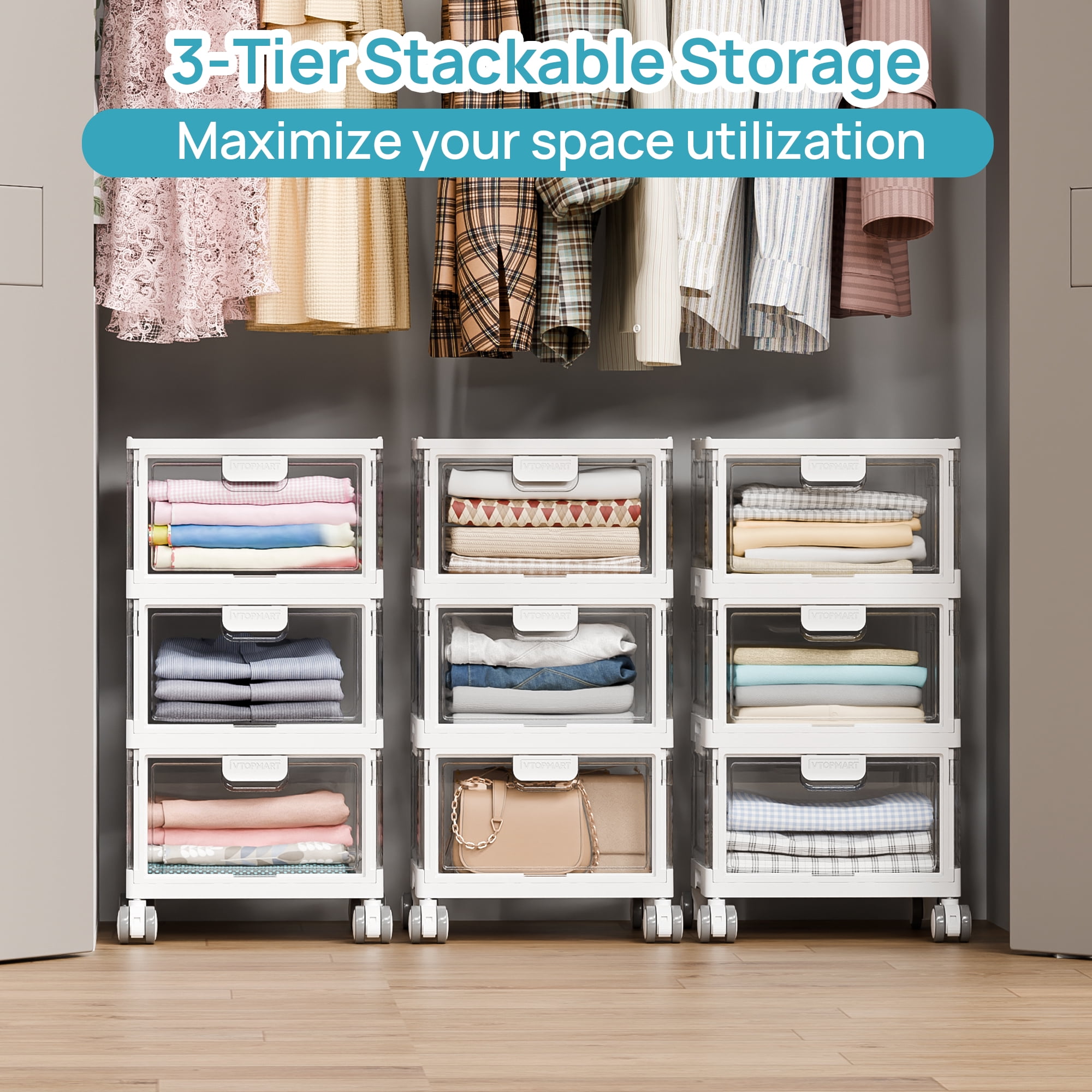 Sindcom 3-Layer Stackable Storage Bins, Foldable Large Organizer with Lids and Wheels (White, 72 qt) 51ap9