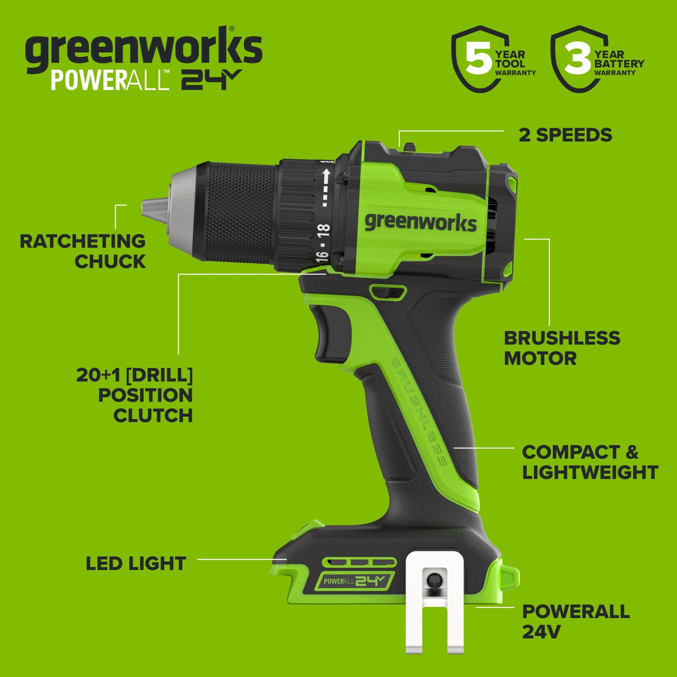 Greenworks PowerAll 24V Brushless Cordless Drill Driver with 2 Ah Battery (Green, 1/2 in) 69nzi