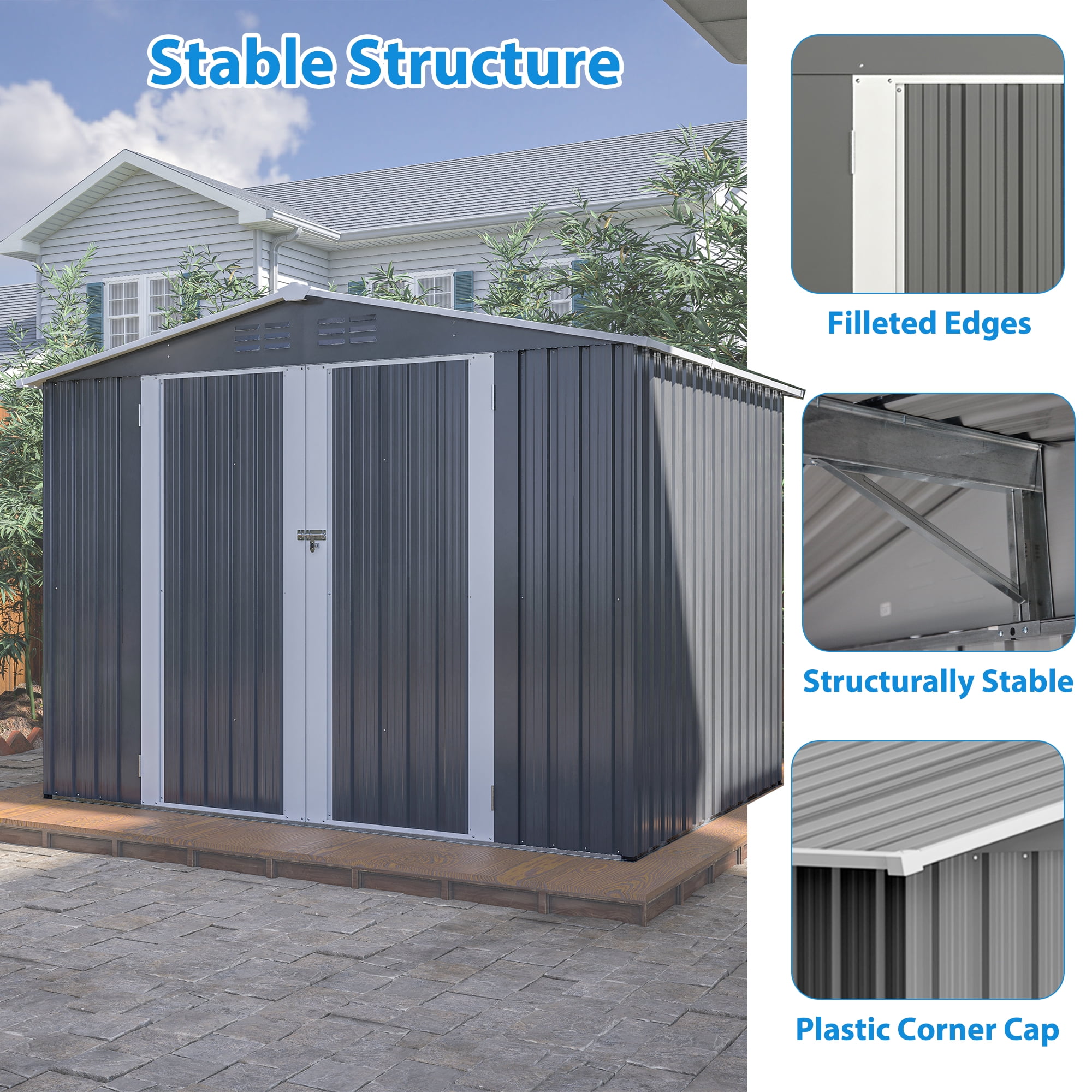 LIVIVOX Outdoor Garden Storage Shed with Lockable Doors and Air Vents (Grey, 8 x 6 ft) 131j3