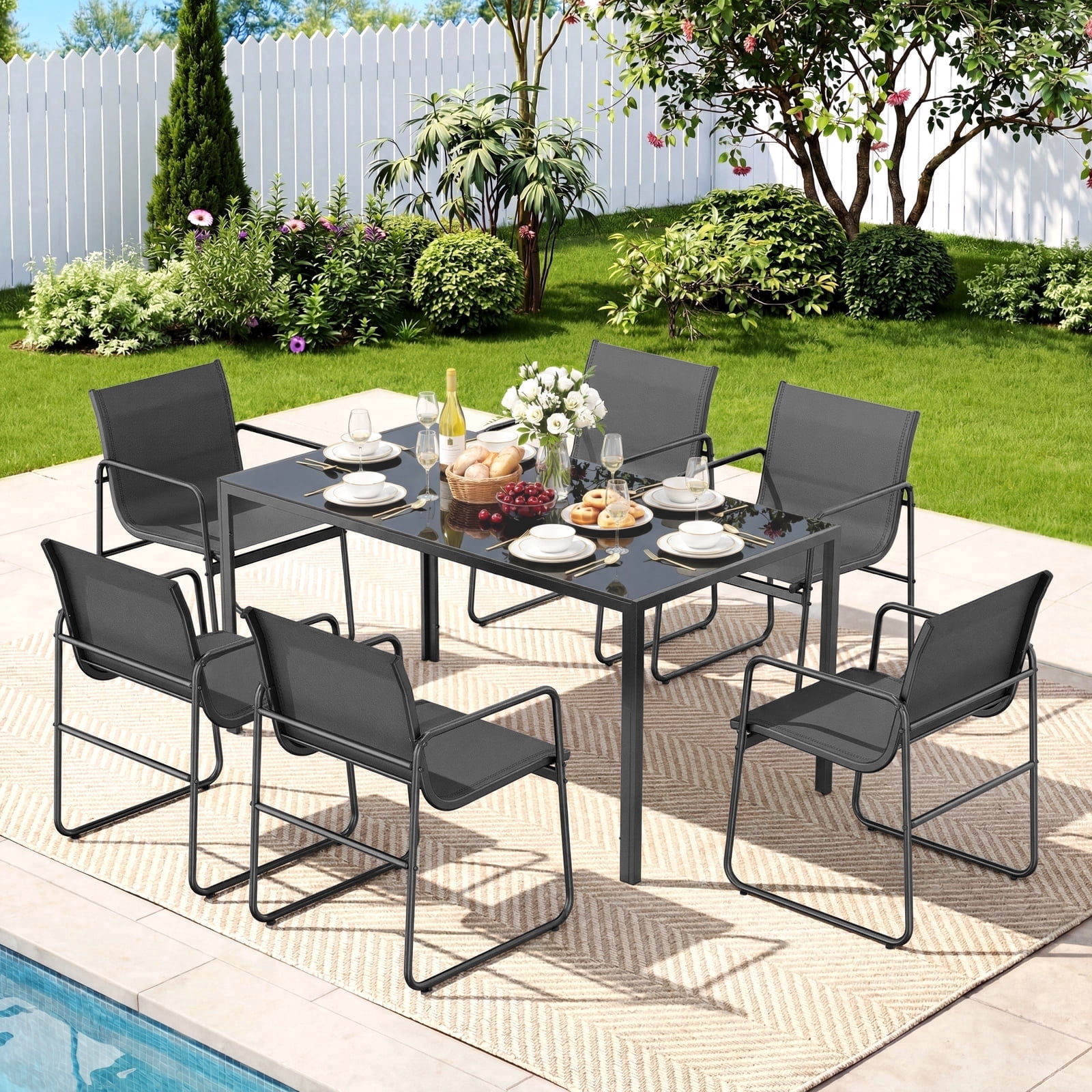 Vitarpatio 7-Piece Outdoor Patio Dining Set with 6 Textilene Chairs and Glass Table (Black, 7-Piece Set) l57ce