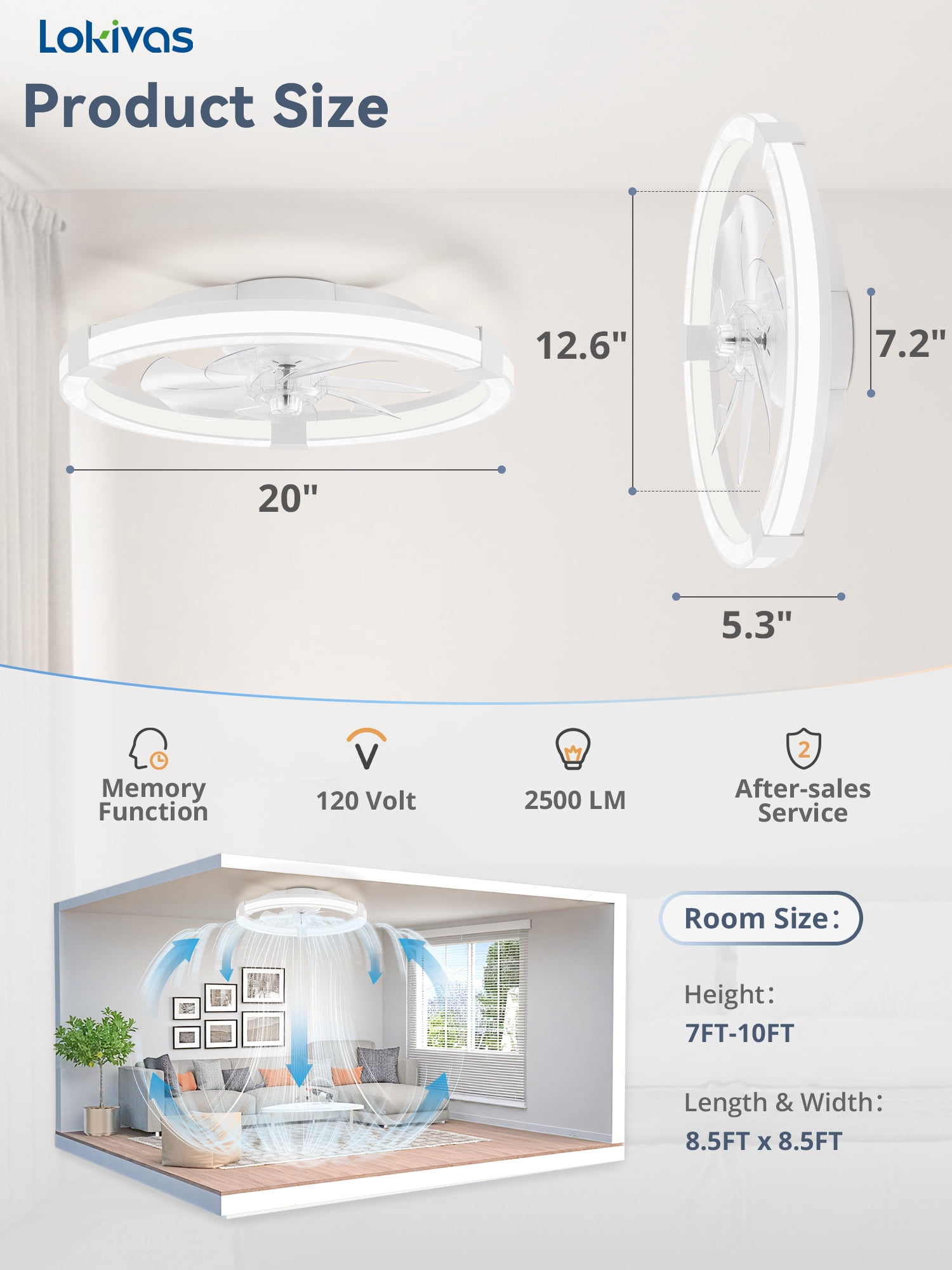 Lokivas 20in Low Profile Ceiling Fan with LED Lights and Remote Control (White, 20 in) 50qyt