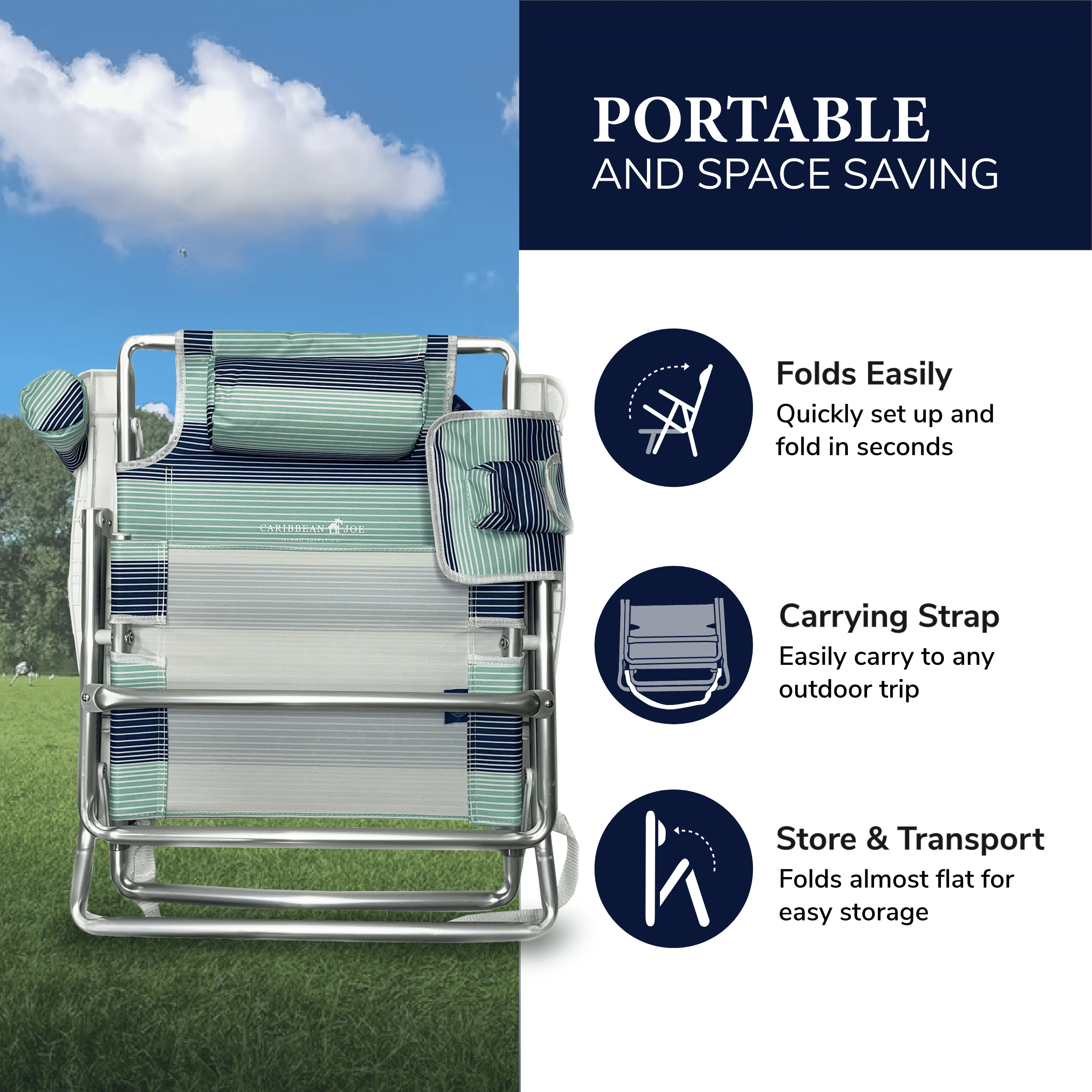 Caribbean Joe 5-Position Reclining Beach Chair with Storage and Headrest (Blue Teal Stripes, 250 lb Capacity) 2e1z9