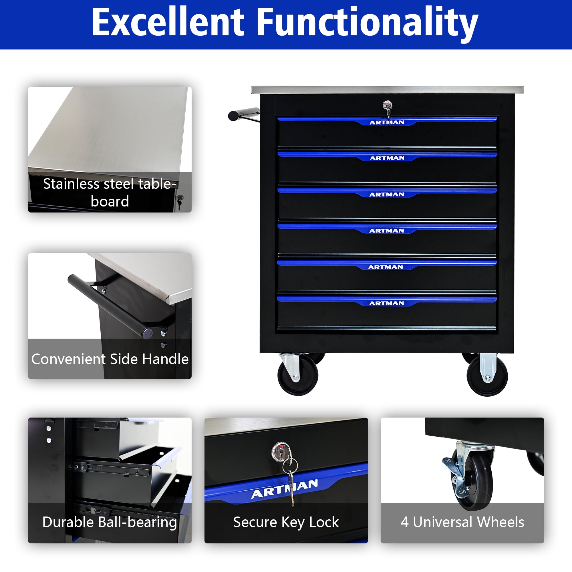 ARTMAN 6-Drawer Rolling Tool Storage Chest with Lockable Wheels (Blue, 1 Unit) rnldk