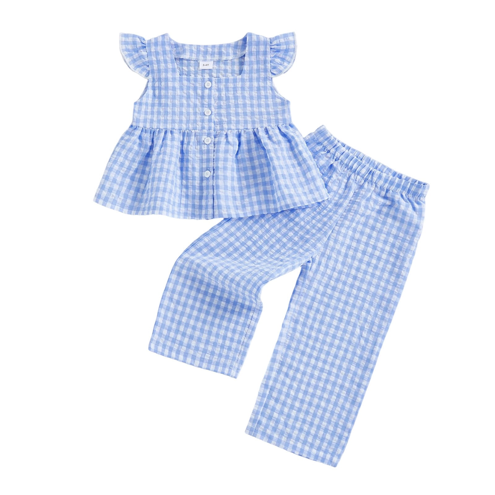 BLVB Toddler Girls 2-Piece Outfit Set Ruffle Sleeve Top and Plaid Pants (Blue, 2T) dy8ae