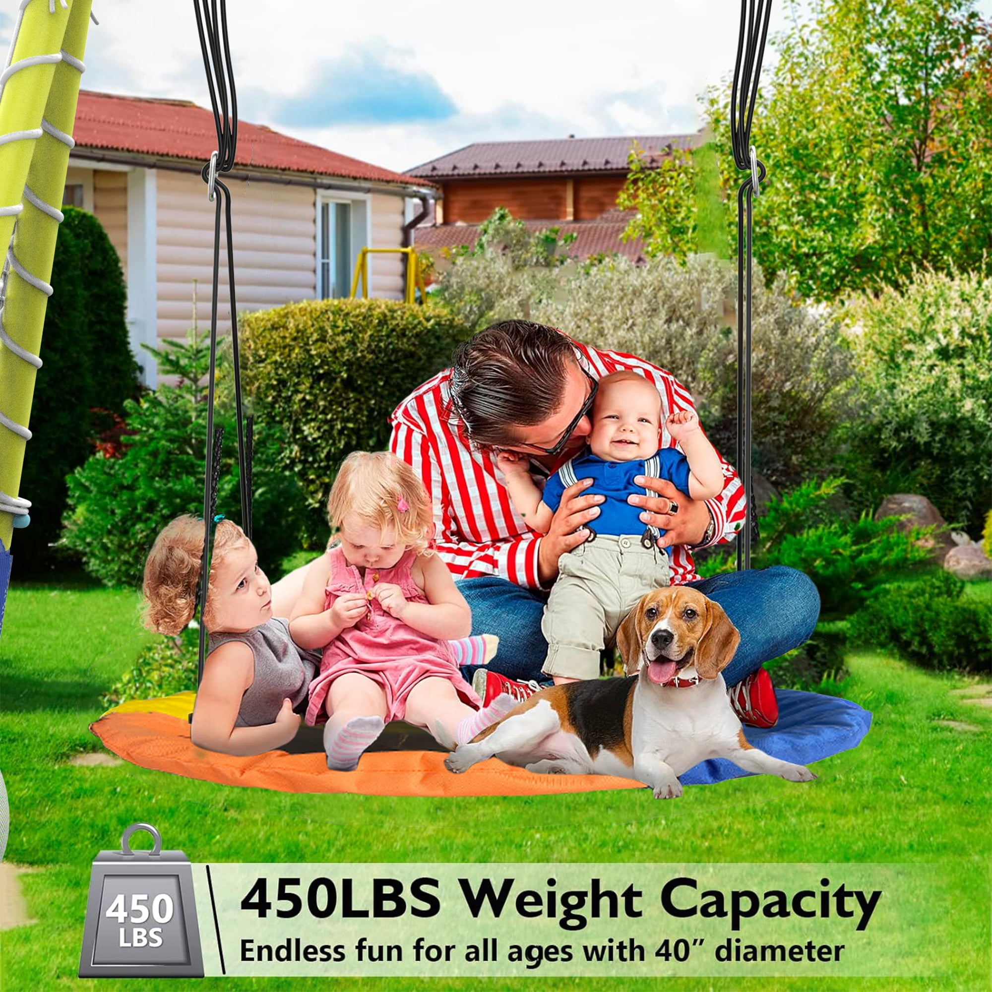 Shengchao Trade Metal Kids Swing Set, Heavy-Duty Outdoor A-Frame Playground with 2 Swings, Saucer Swing, and Sports Hoop (Blue, 75 in H x 67.7 in L x 136 in W) 4jmwx