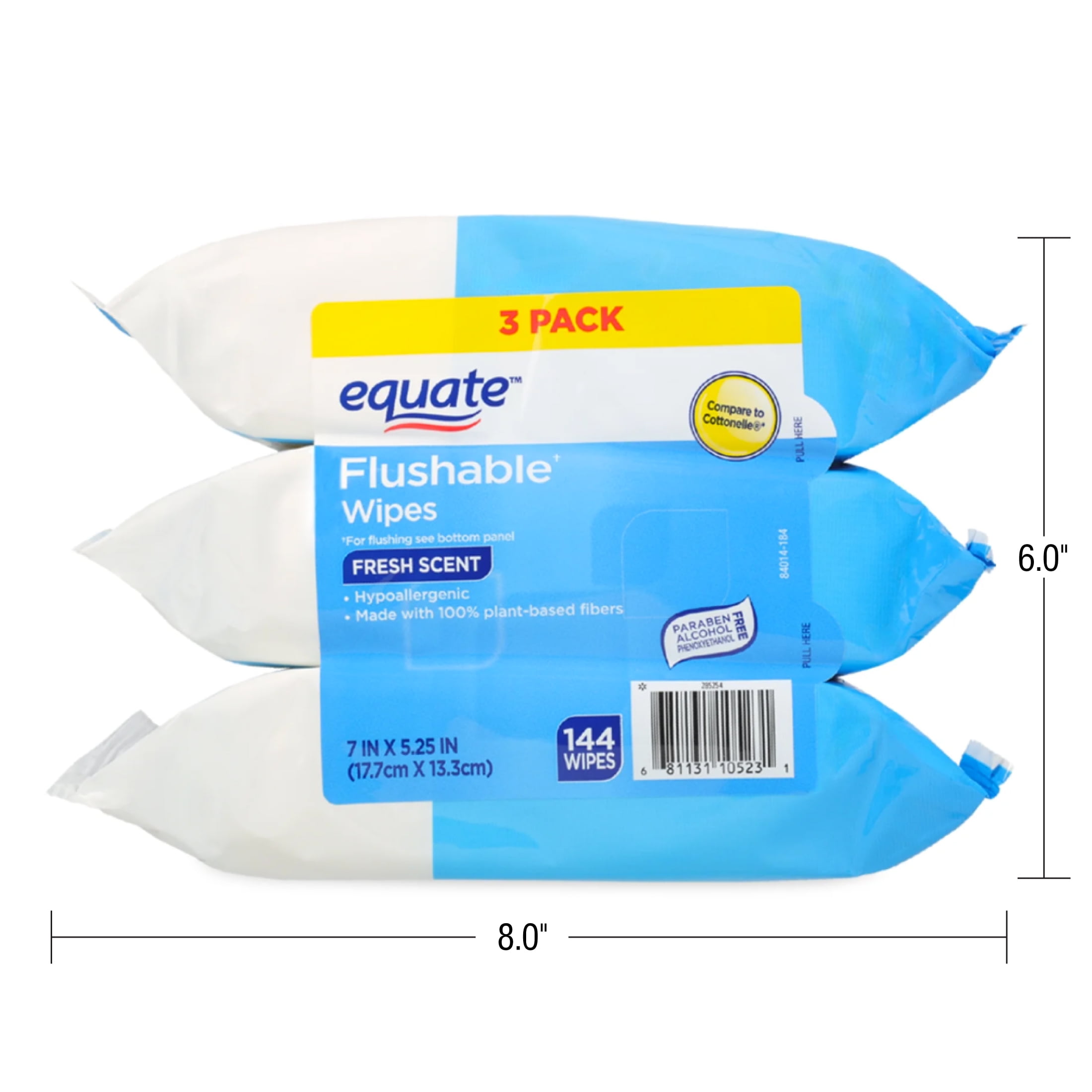 Equate Flushable Wet Wipes, Fresh Scent, Hypoallergenic Plant-Based Fibers (144 Count, 3 Pack) 2kuqo