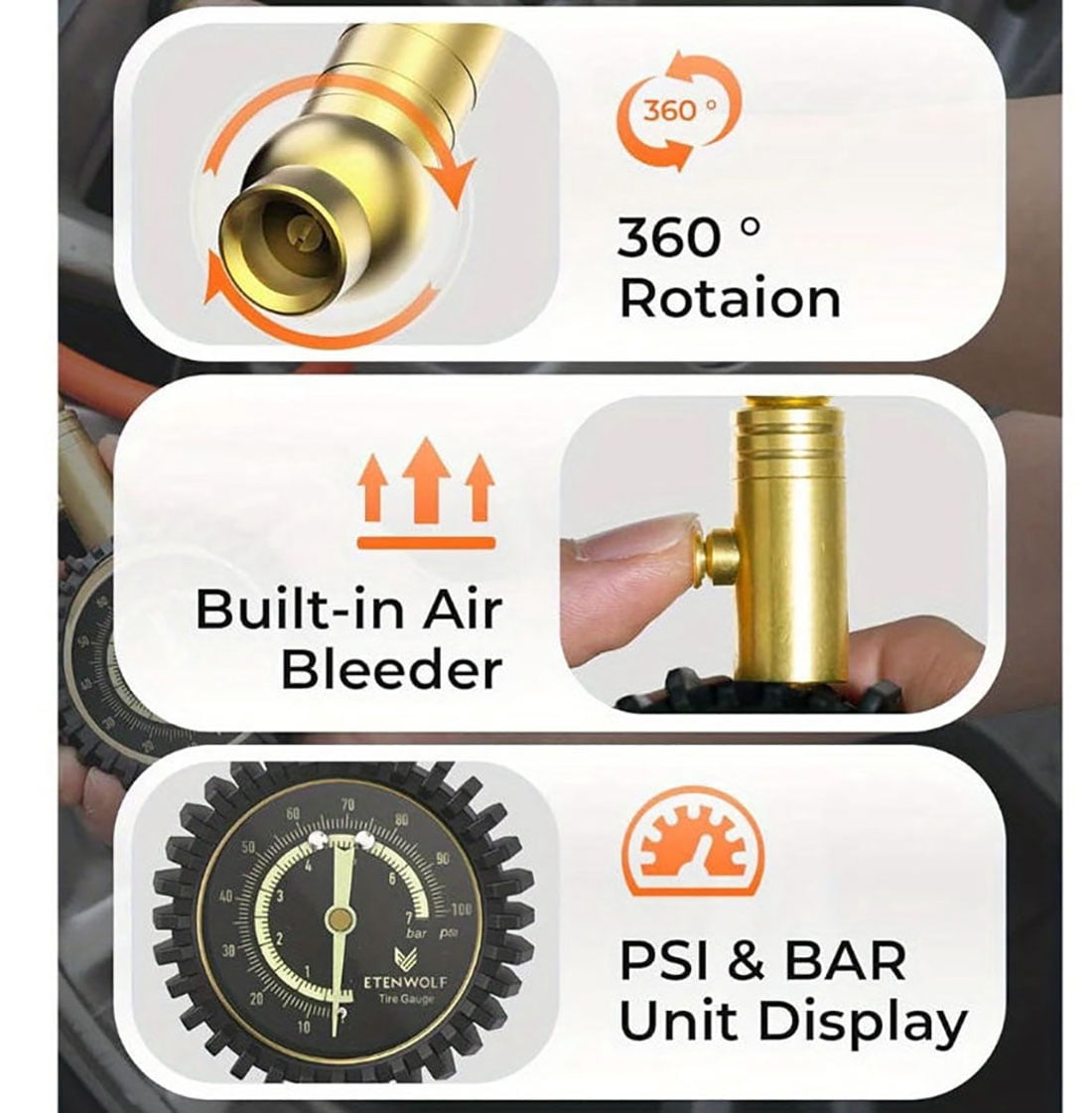 ETENWOLF Tire Pressure Gauge, ANSI B40.1 Grade A Accurate Air Pressure Monitor with Large Glow Dial (Orange, 100 PSI) poix9