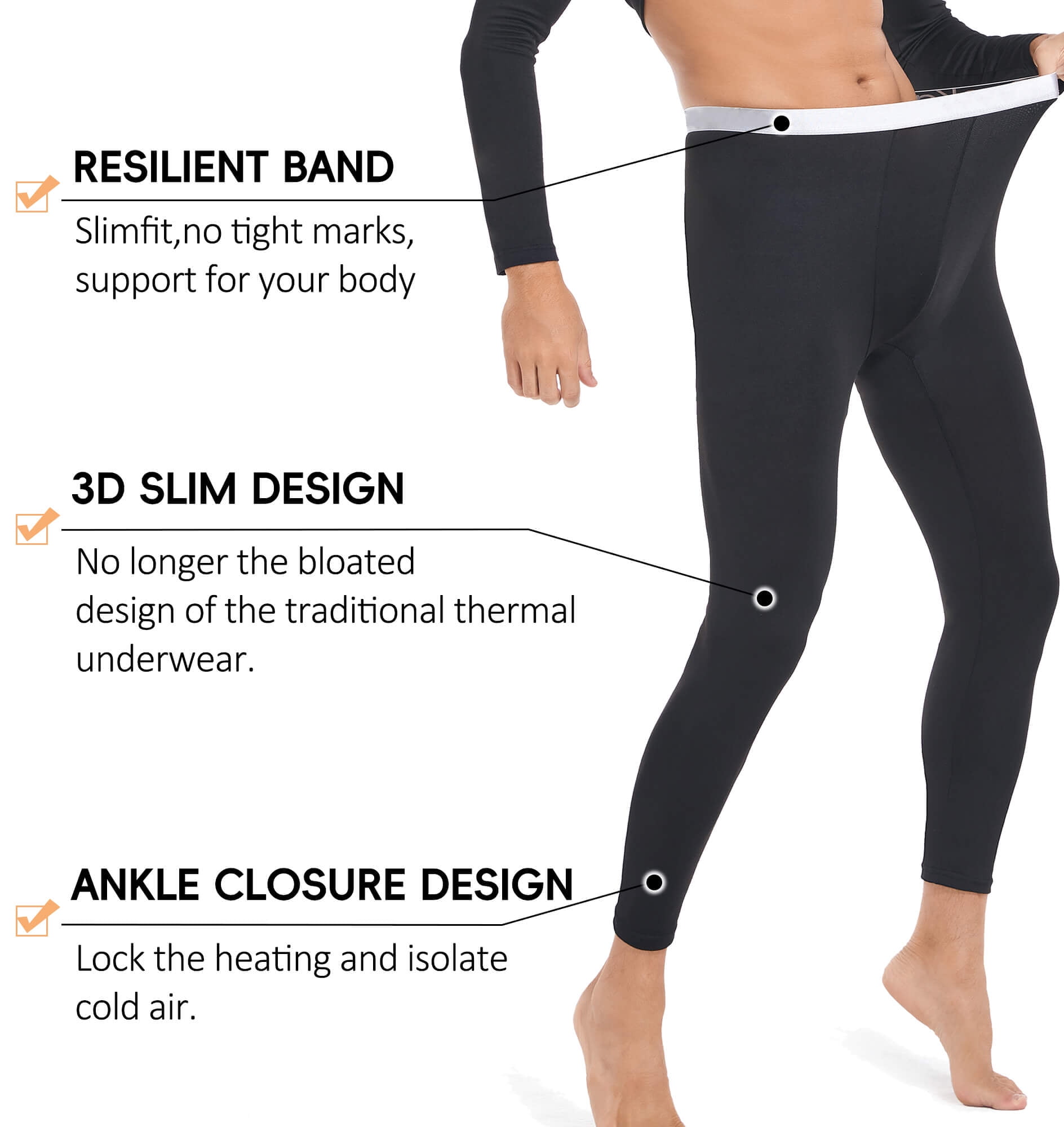 MANIFIQUE Men's Thermal Underwear Set Ultra Thin Long Johns Baselayer (Black, Large) oo9bk