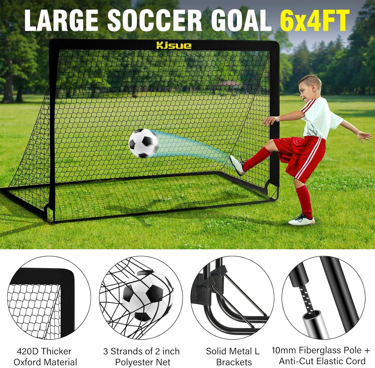 KJSUE Kids Soccer Goal Set, Portable Pop Up Soccer Nets with Target, Ball, Cones, and Carrying Bag (6 ft x 4 ft, 2-Pack) i6vd5
