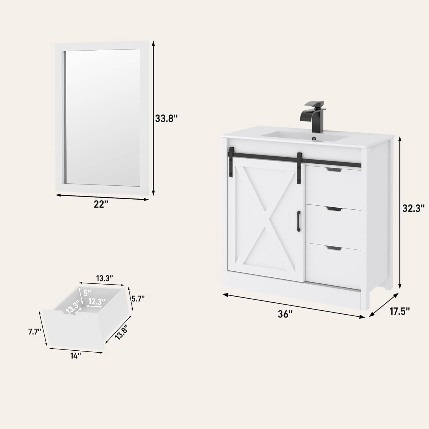 Blotout 36 in Farmhouse Bathroom Vanity Set with Sink, Faucet, and Mirror (White, 36 in) 2eh9x