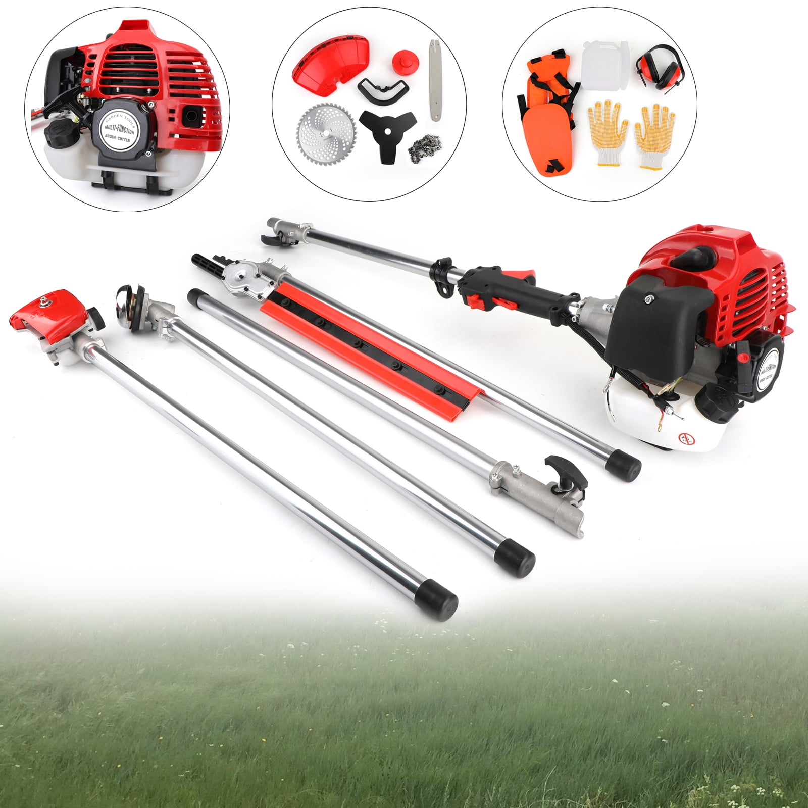 Topteng 52cc 2-Stroke 5-in-1 Gas Multi-Garden Tool Kit, Hedge Trimmer, Brush Cutter, Pole Saw, String Trimmer (Red, 14.7 lb) d8r5i