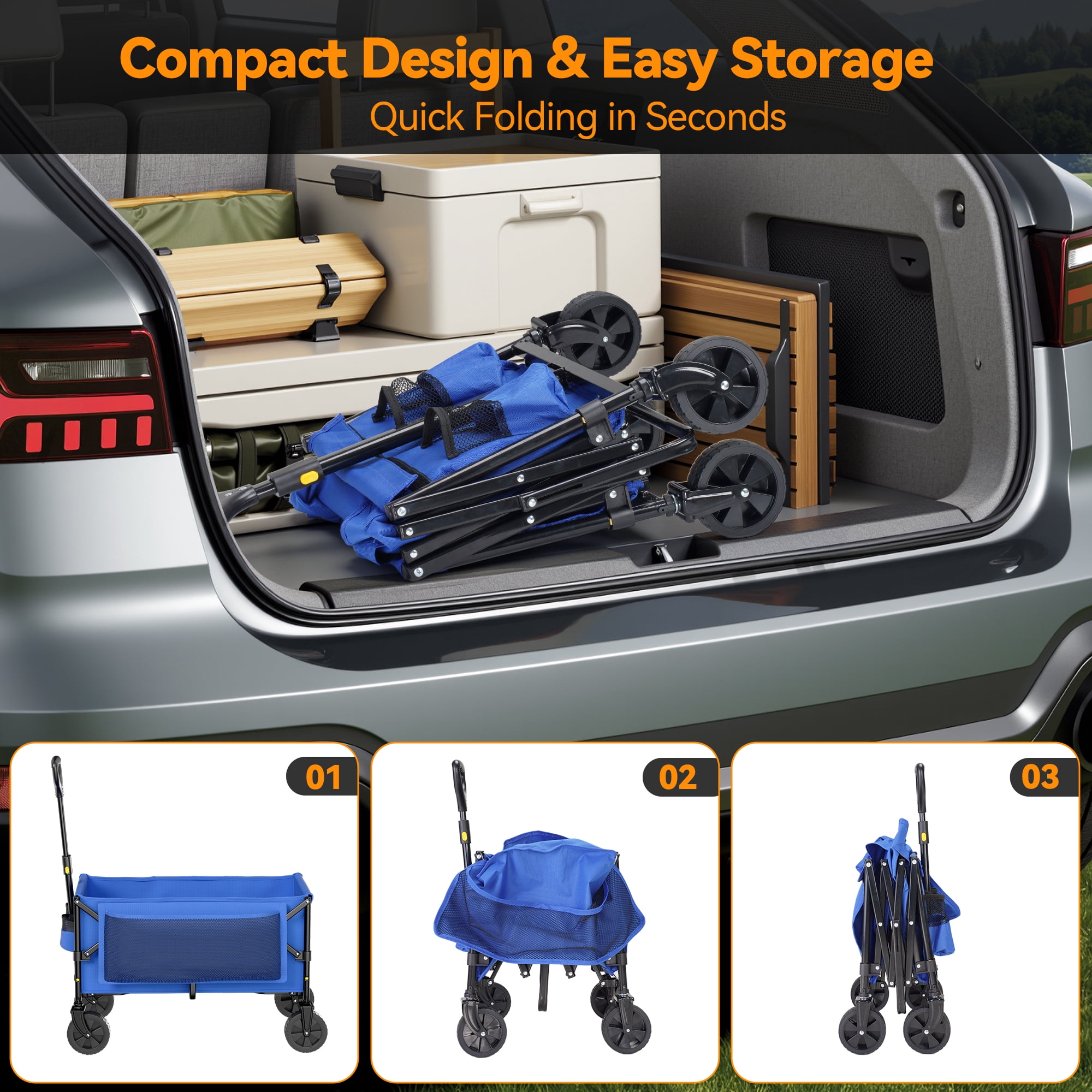 VECUKTY Collapsible Folding Utility Wagon, Heavy-Duty Outdoor Cart for Camping and Gardening (Blue, 300 lb Capacity) 40el2