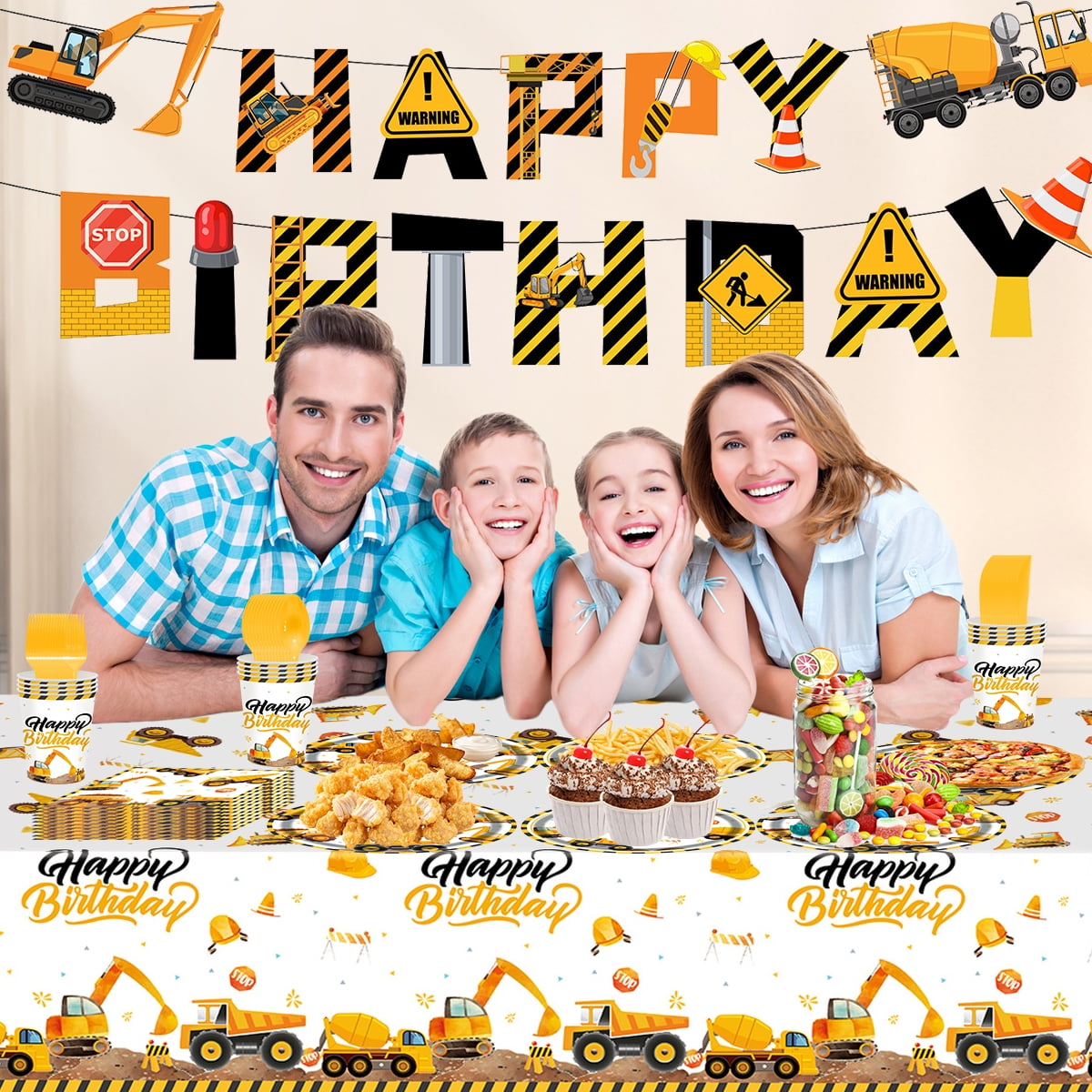 Kabuer Construction Birthday Party Supplies Set with Plates Napkins and Tablecloth (Serves 24) tdq6f