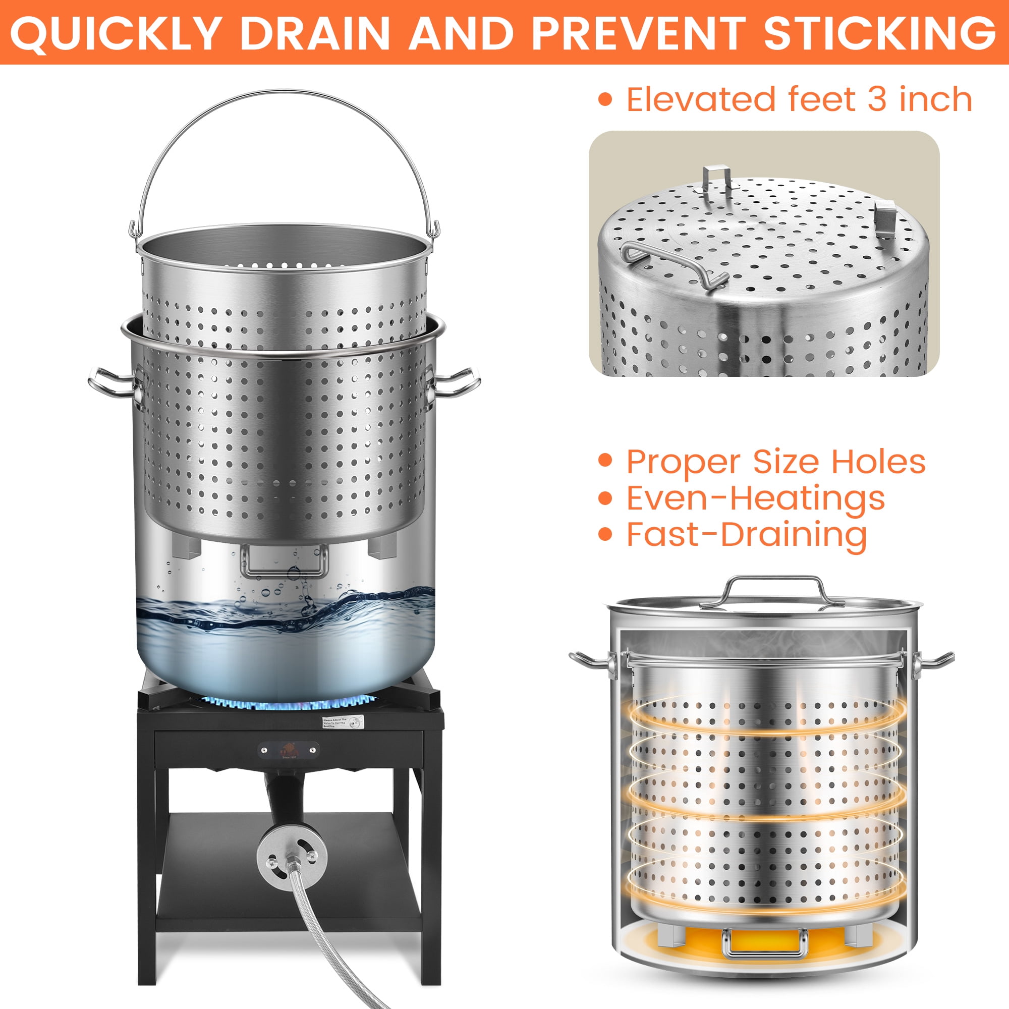 ARC USA 84QT Stainless Steel Seafood Boiling Kit with 200,000BTU Propane Burner and Strainer (Silver, 84QT) td0mz