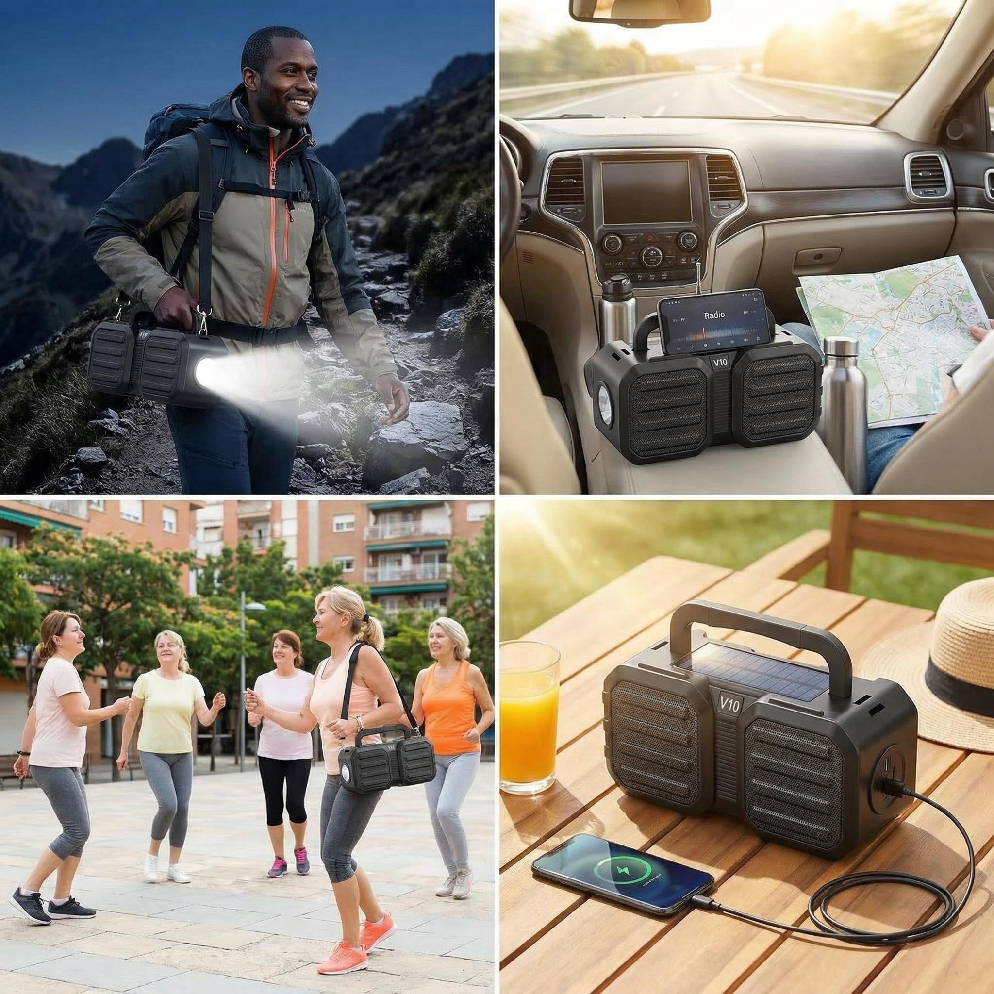 MiracDan Portable Outdoor Bluetooth Speaker with Solar Charging, Subwoofer, and LED Flashlight (Black, 80W) jqm48