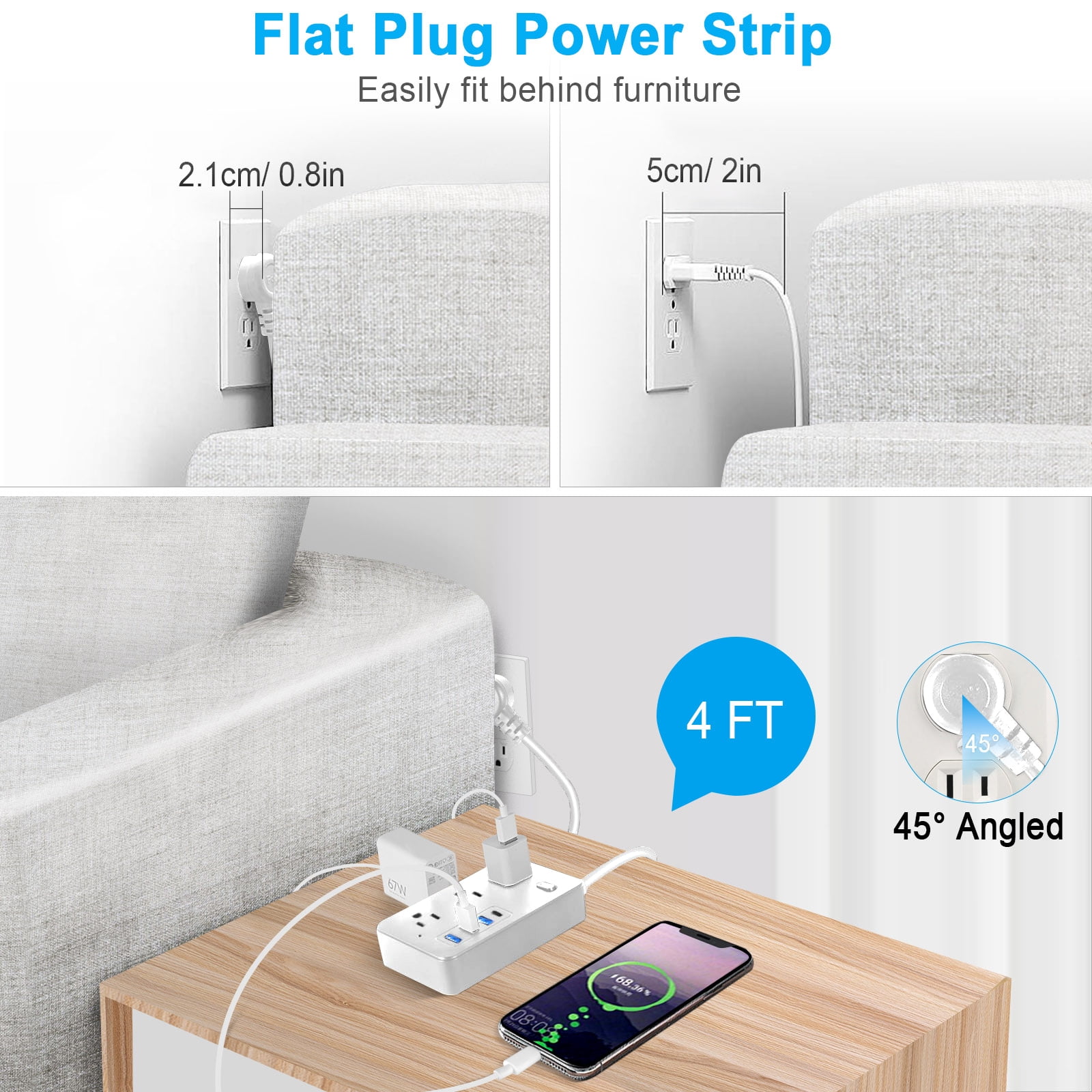BOHASHIN Power Strip Extension Cord with 6 Widely Spaced Outlets and 4 USB Charging Ports (White, 15 ft) gtuph