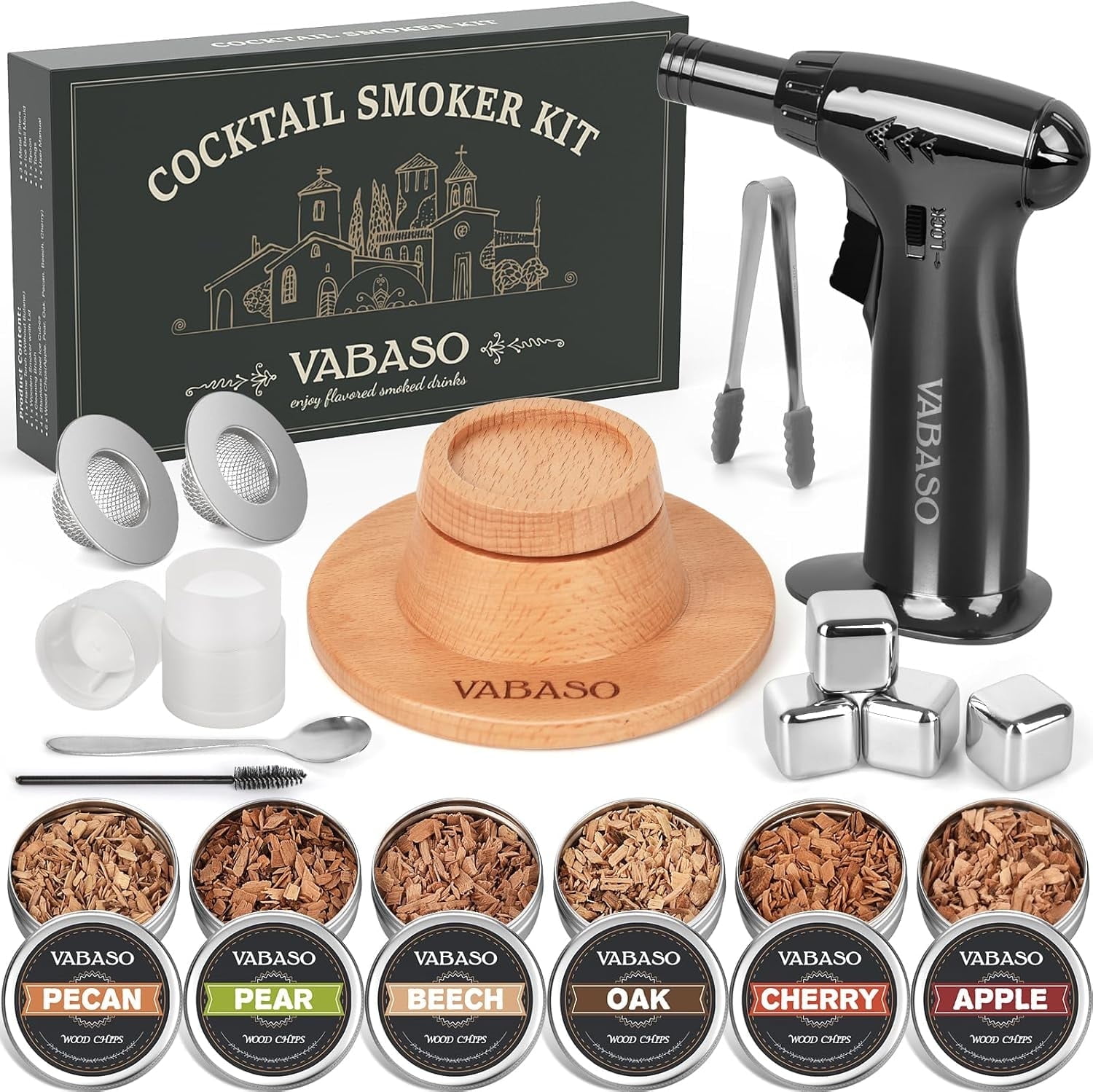 Monteka Whiskey Smoker Kit with Torch and 6 Wood Chip Flavors (Old Fashioned Cocktail Infusion Set, 1 Pack) yqt54
