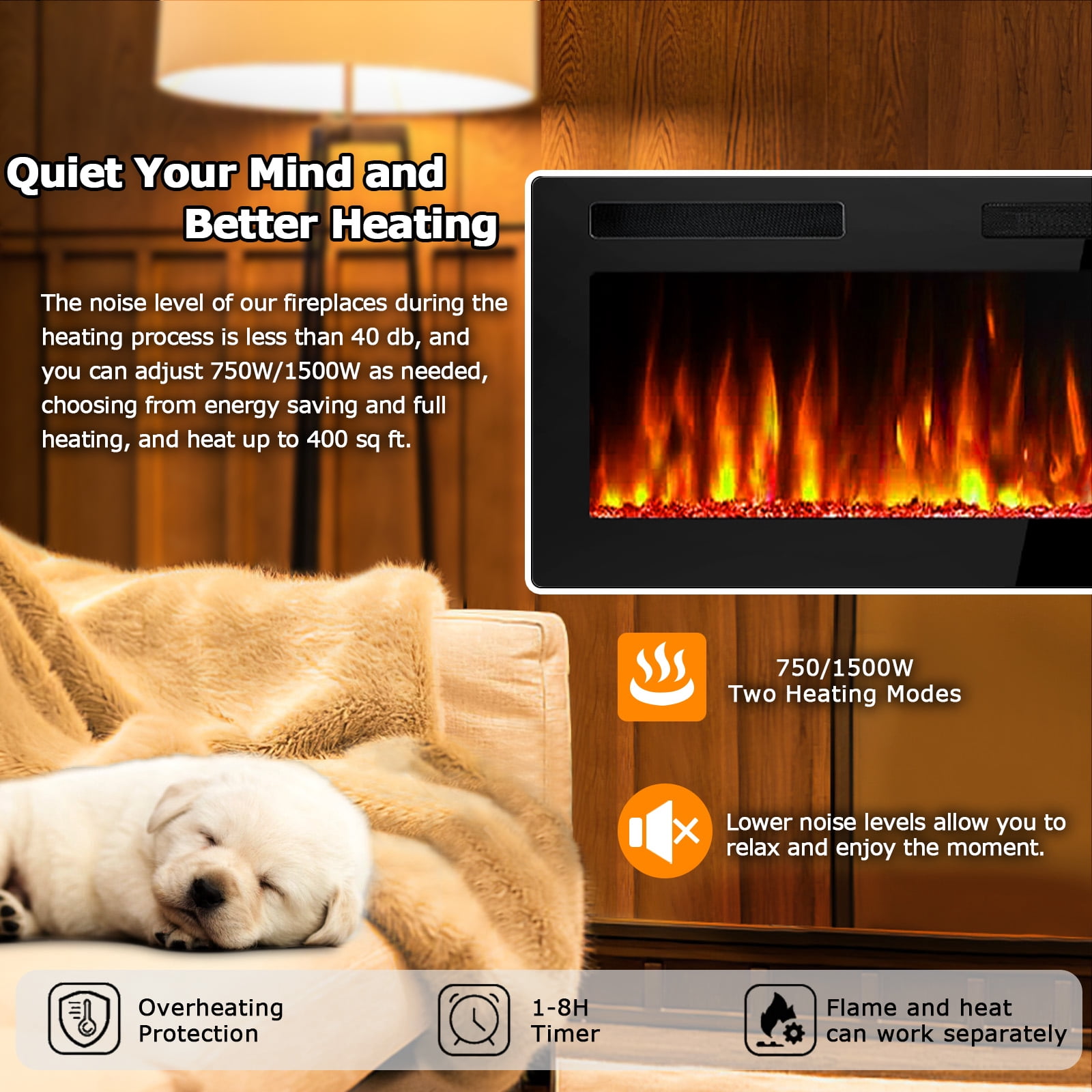 Waleaf 50 in Ultra Thin Electric Fireplace Heater, Recessed Wall Mounted Fireplace with Multicolor Flame and Remote Control (Black, 50 in) rbkrs