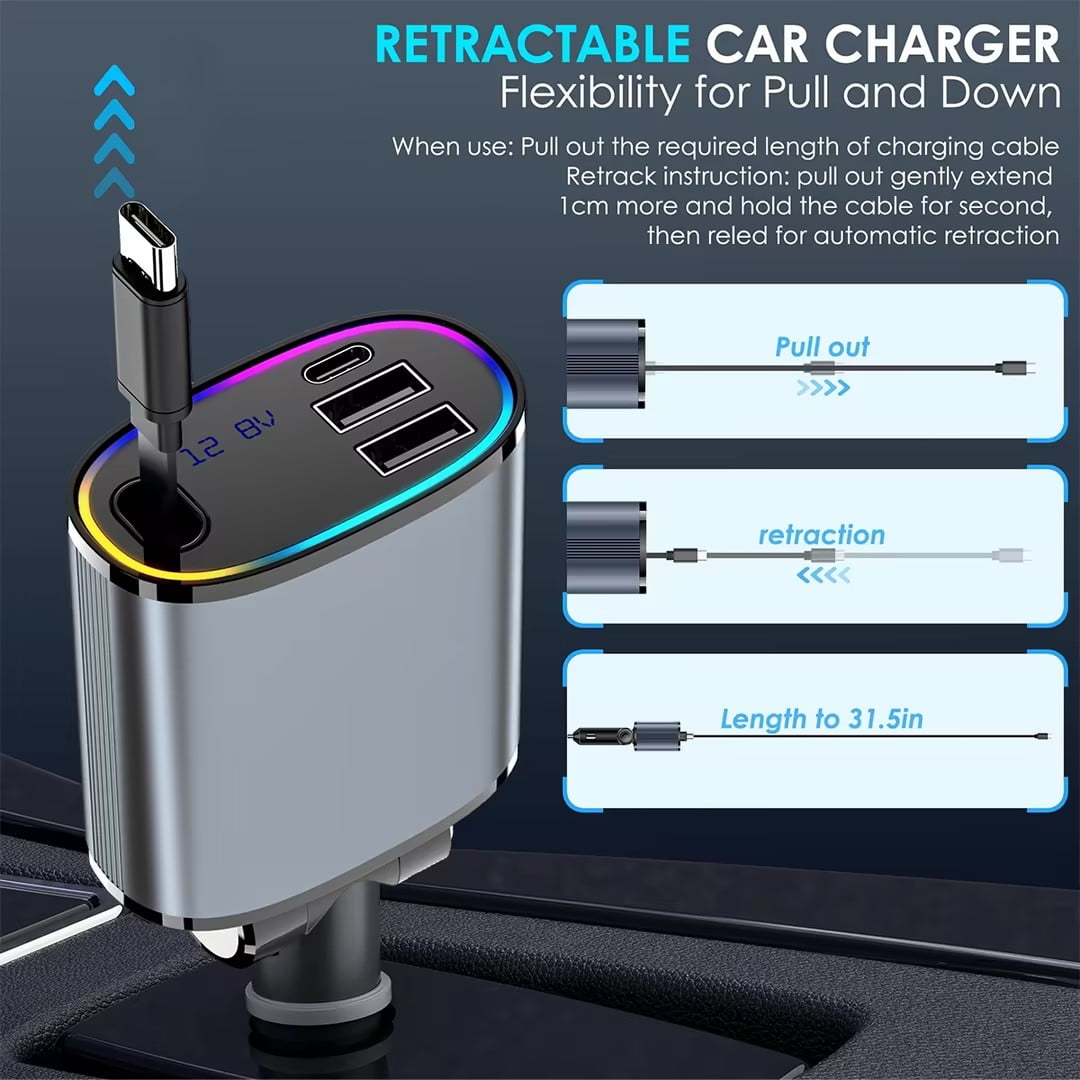 Tikland 4-in-1 Retractable Car Charger, 78W Fast Charging USB-C Adapter with 2.6ft Cord (Black) v0nuw