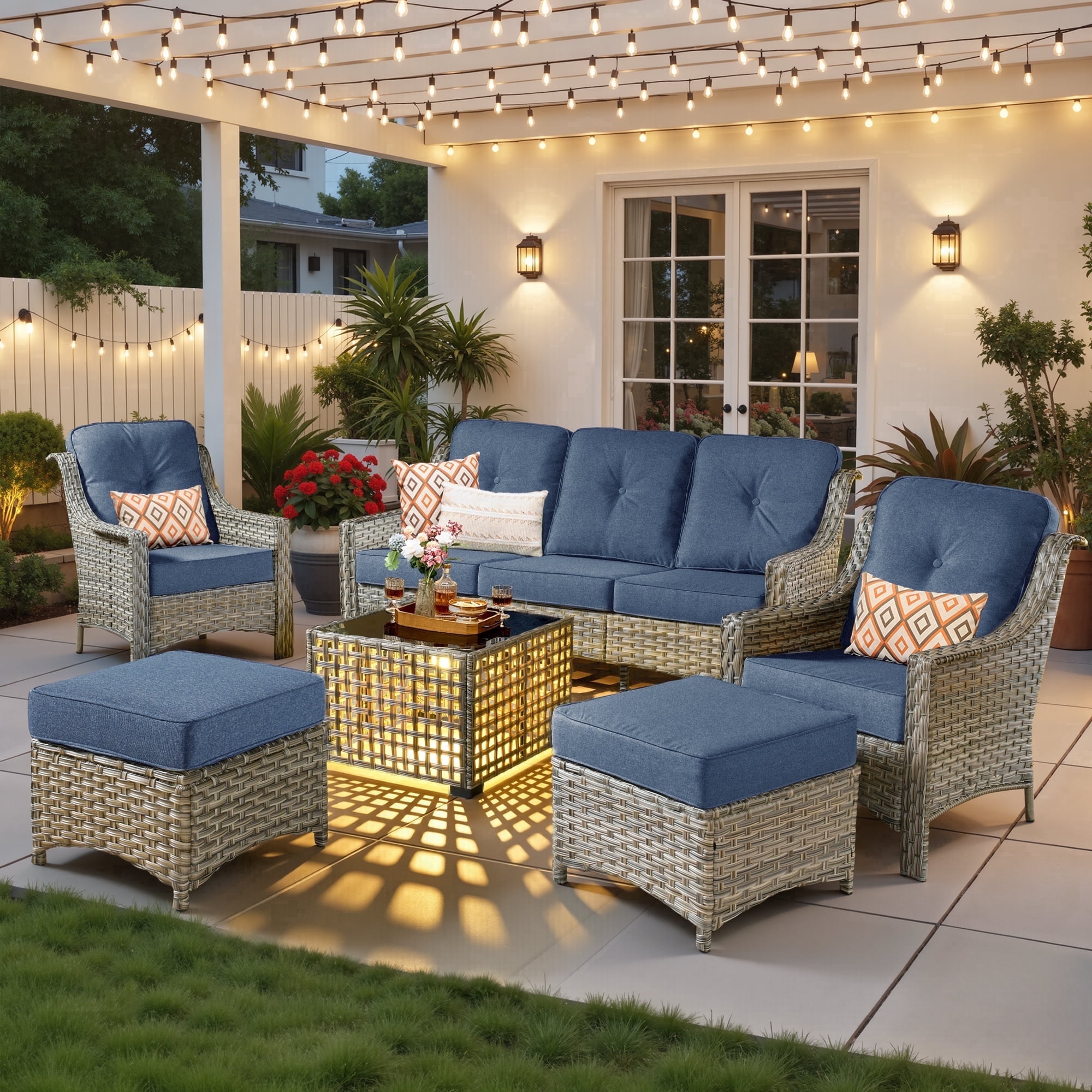 Ovios 6-Piece Outdoor Patio Furniture Set with Solar LED Coffee Table and High-Back Wicker Sofa (Denim Blue, 6-Piece Set) vwygz