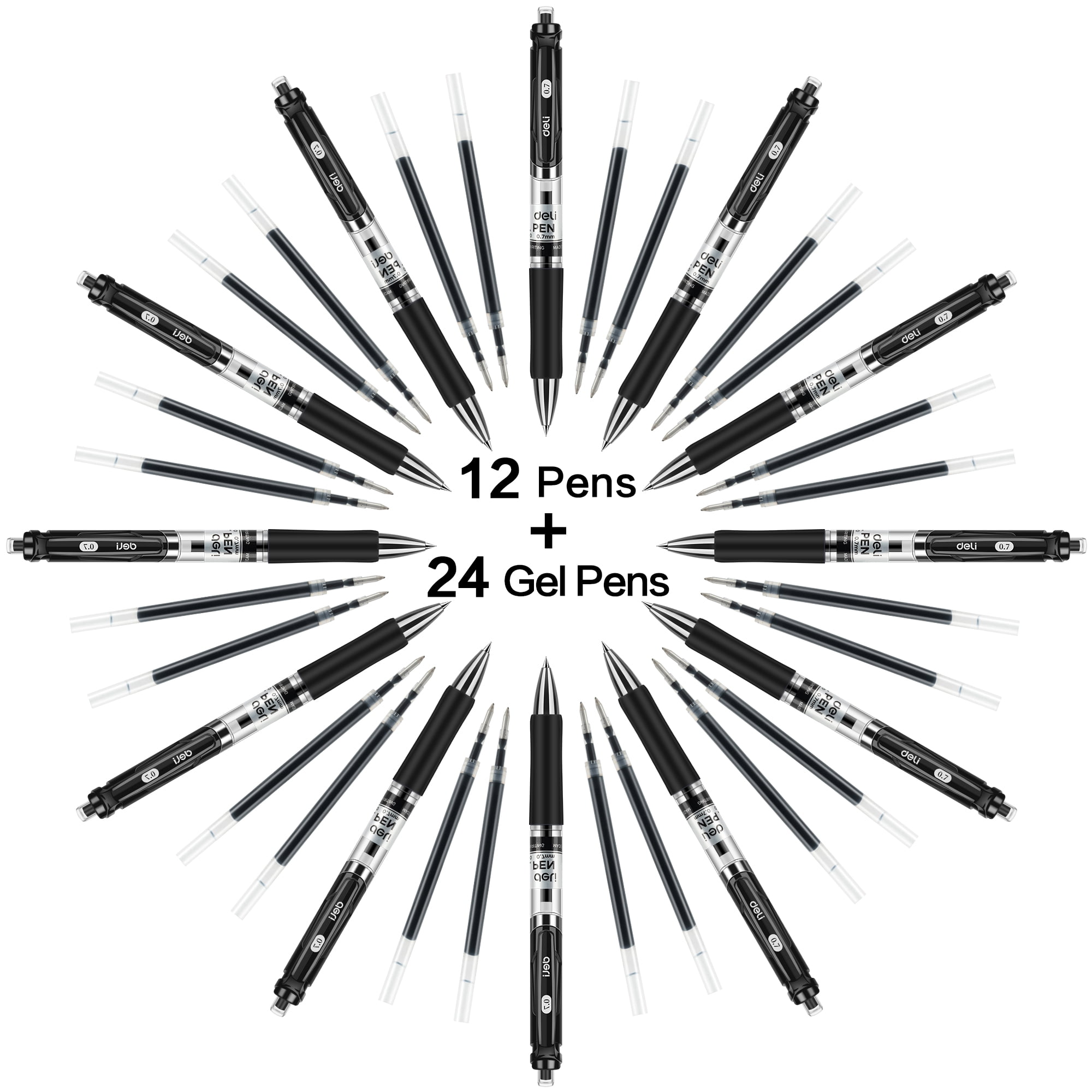 Deli Gel Pens Set with Refills, Smooth Writing Fine Point 0.03 in, Quick-Dry Ink (Black, 36 Pack) 4xw1c