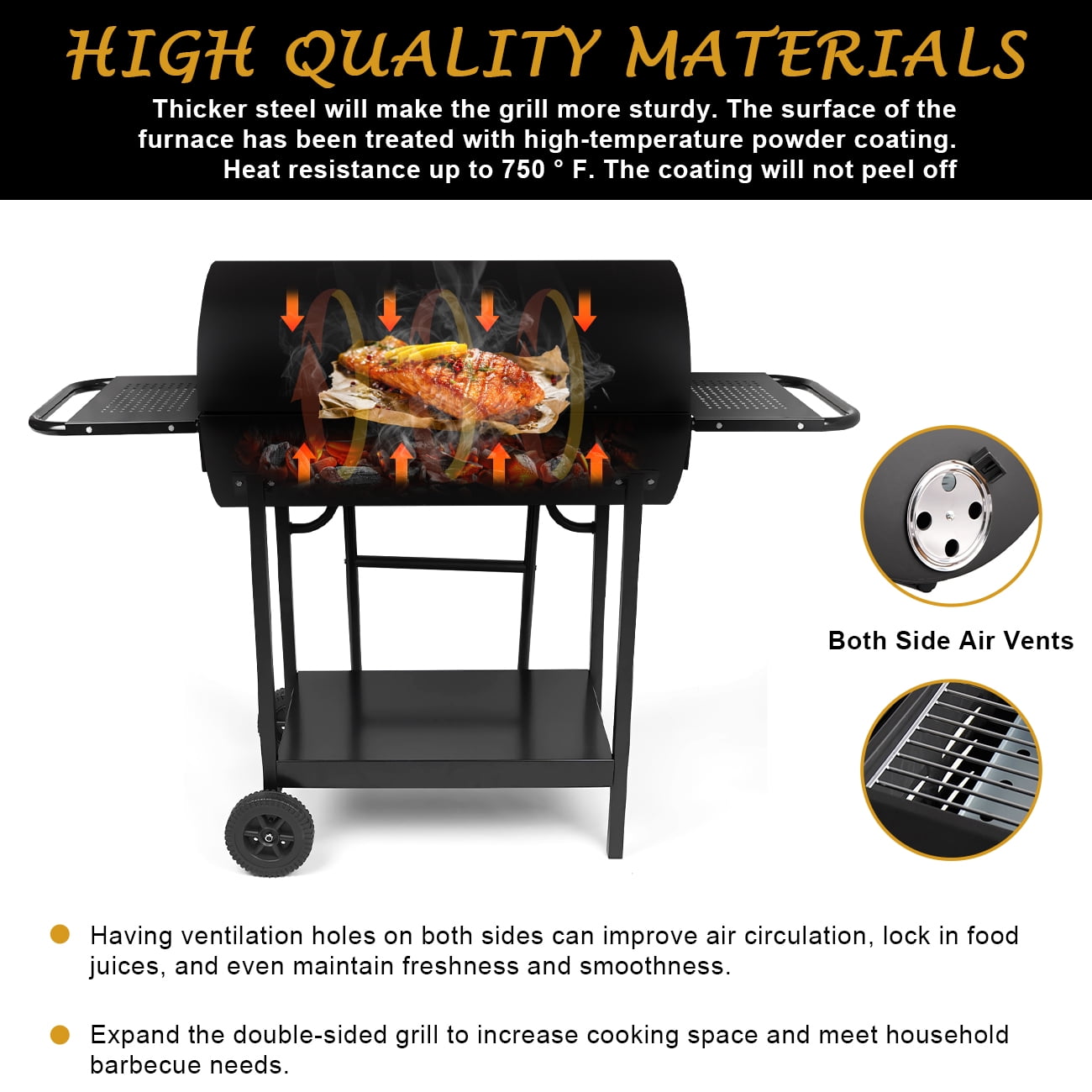 Linsen-Outdoors Double Charcoal Barrel Grill with Dual Side Shelves (Black, Large) 5yds8