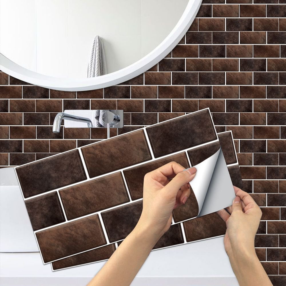 FUDAKUNA Peel and Stick Wall Tiles Waterproof Vinyl Mosaic Backsplash Decals (Brown, 6 Pieces, 11.8 x 5.9 in) e5jqn