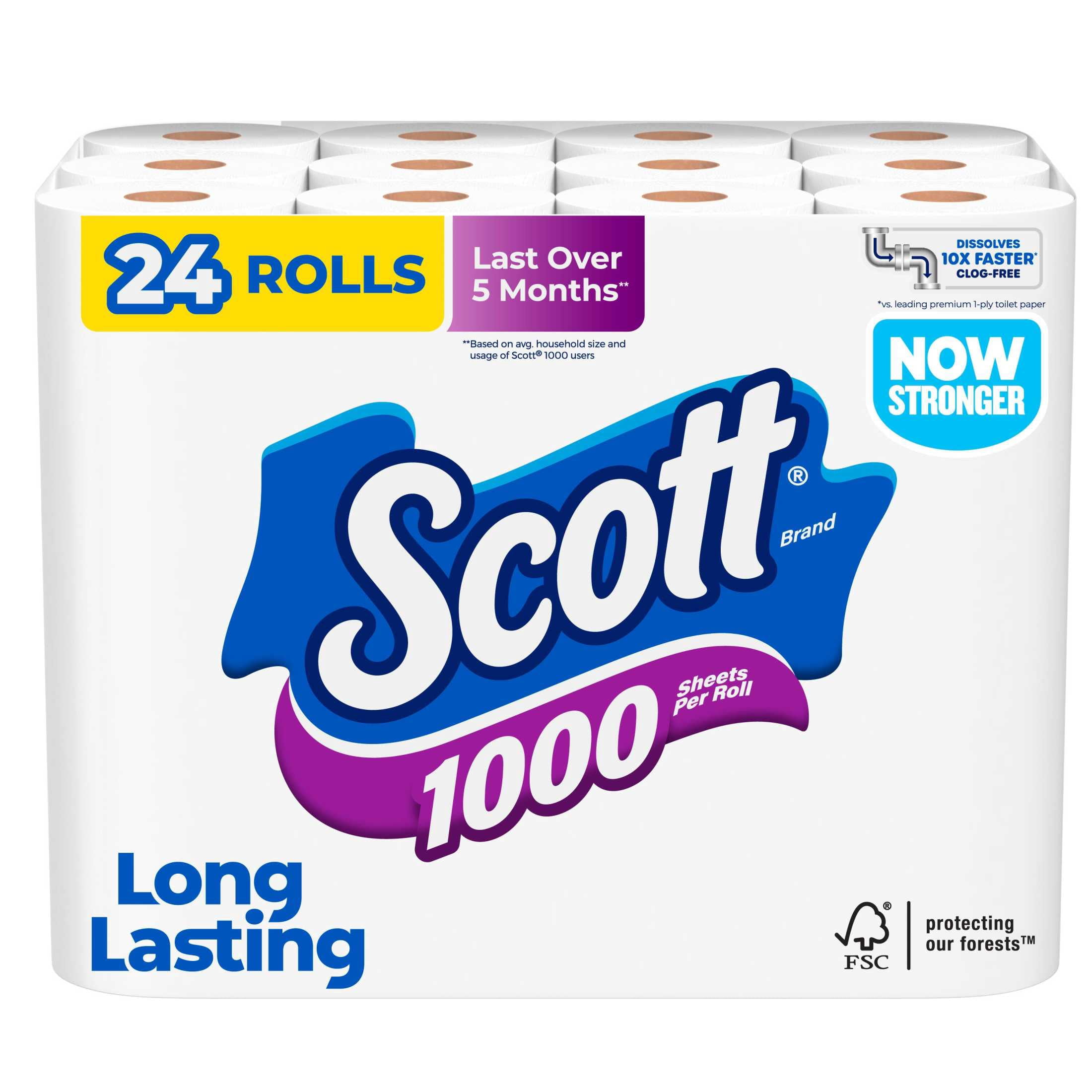 Scott 1000 Toilet Paper, Long-Lasting 1-Ply Bath Tissue (White, 24 Rolls) 4mn86