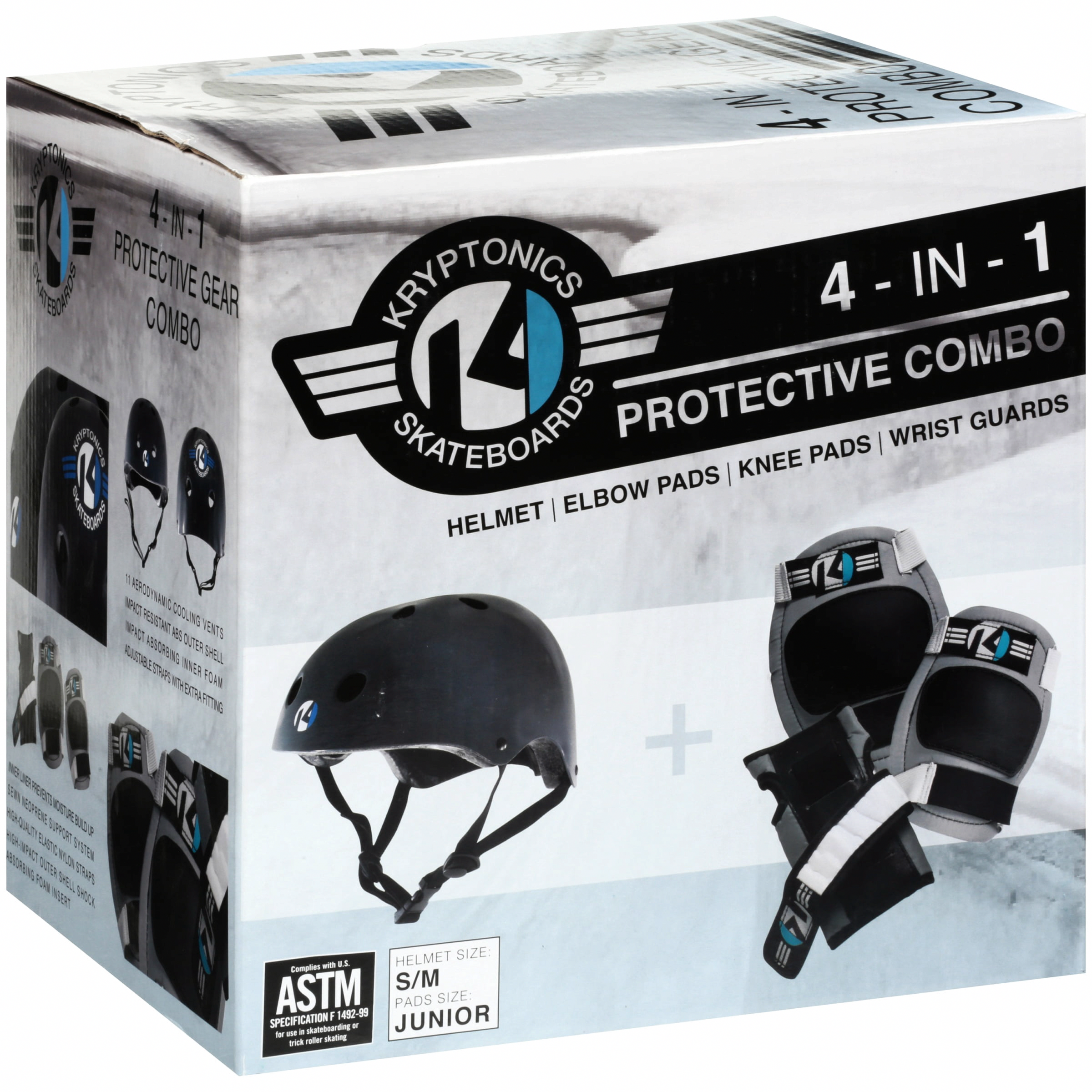 Kryptonics Youth 4-in-1 Protective Gear Set with Helmet (Grey, 21.25 in - 22.75 in) 5q0ws