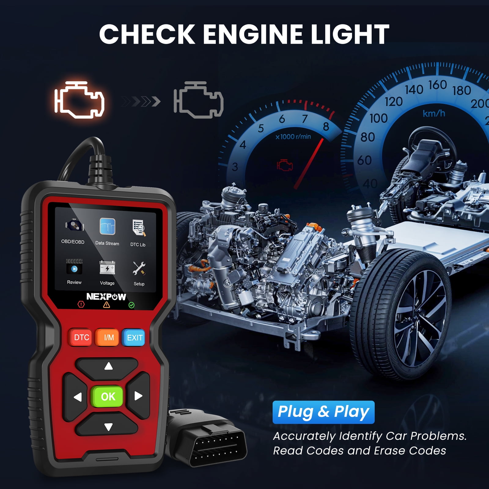 NEXPOW OBD2 Scanner Car Code Reader Diagnostic Tool for Check Engine Light (Red, 2.5 ft Cable) 8j8mt