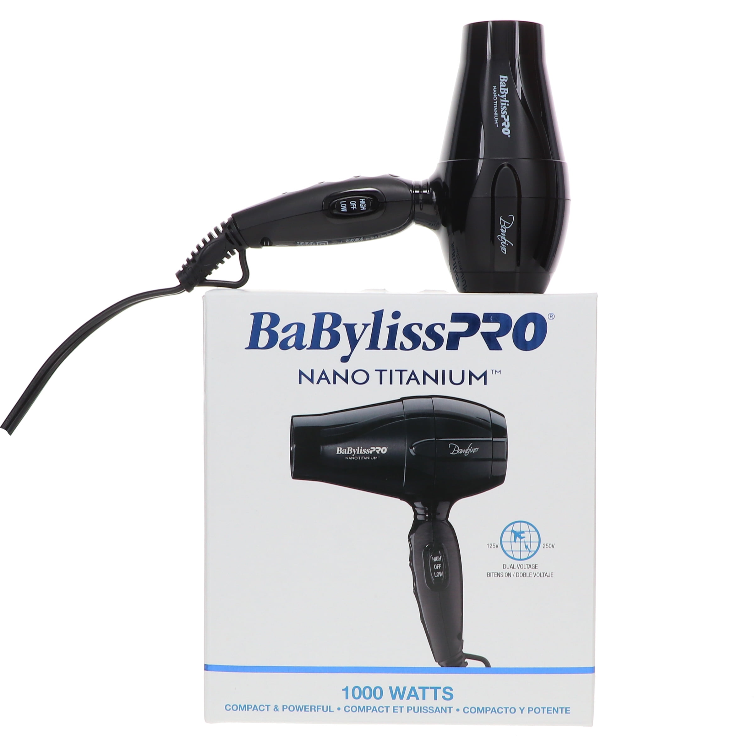 BaBylissPRO Nano Titanium Bambino Compact Dryer Professional Hair Styling Tool (Black, 1000 Watts) hwq41