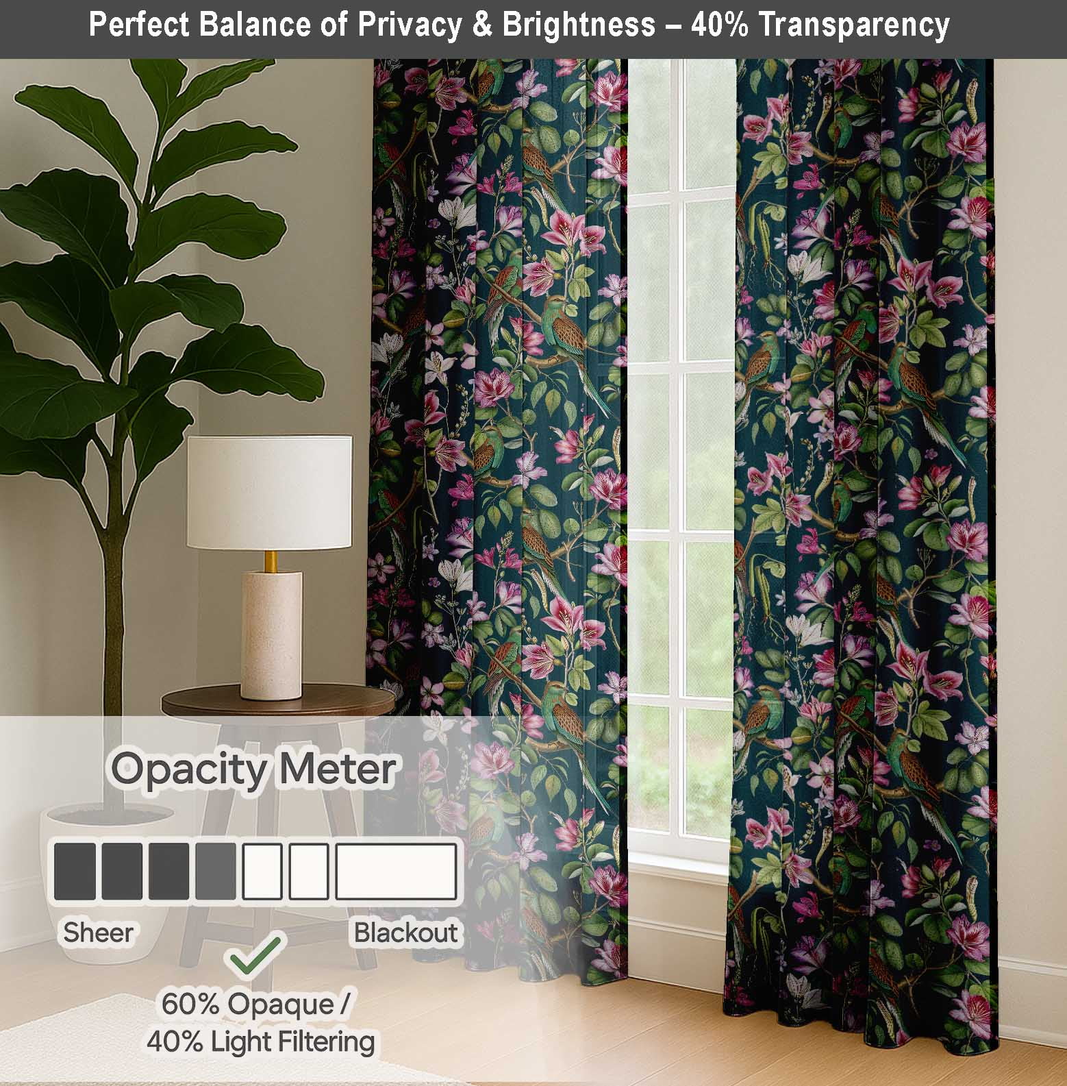 Vargottam Cotton Window Curtains, Light Filtering Drapes with Bird Print (Green, 52 in x 63 in, Set of 2) hs0ru