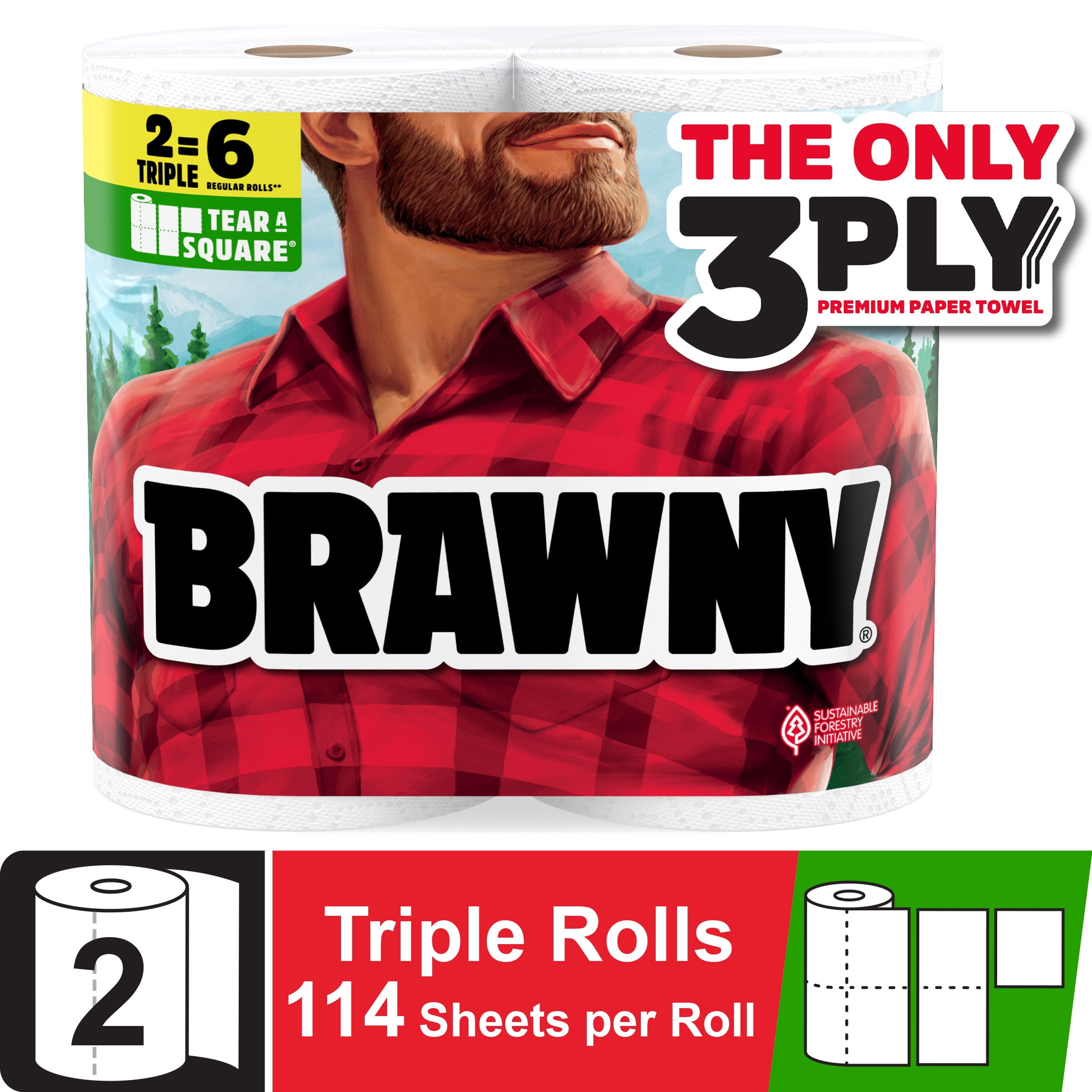 Brawny Tear-A-Square 3-Ply Paper Towels, Durable Absorbent Kitchen Rolls (White, 2 Triple Rolls, 228 Total Sheets) 013jf