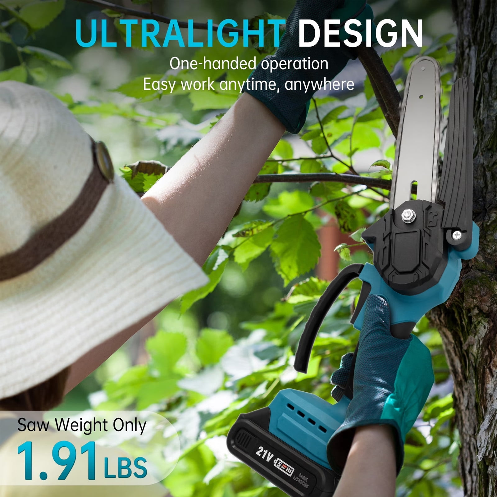 Susuzi 8-Inch Cordless Chainsaw, Brushless Mini Handheld Power Tool for Tree Trimming and Wood Cutting (Blue, 4.85 lb) 0mv7b