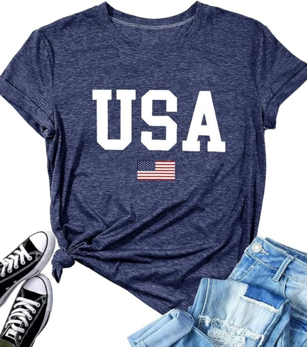 Qbily American Flag Graphic T-Shirt for Women Patriotic USA Stars and Stripes Print Tee (Blue, M) zdtl5