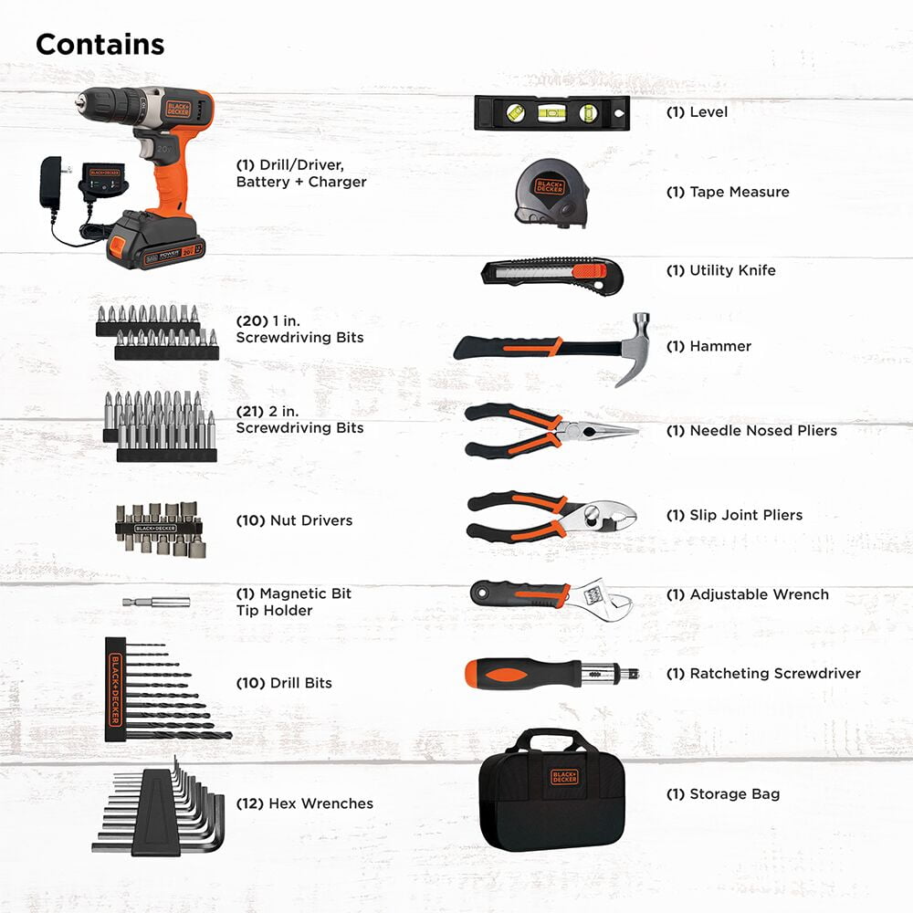BLACK+DECKER 20V Cordless Drill and Driver Project Kit (Black, 83 Piece Set) dyeyv