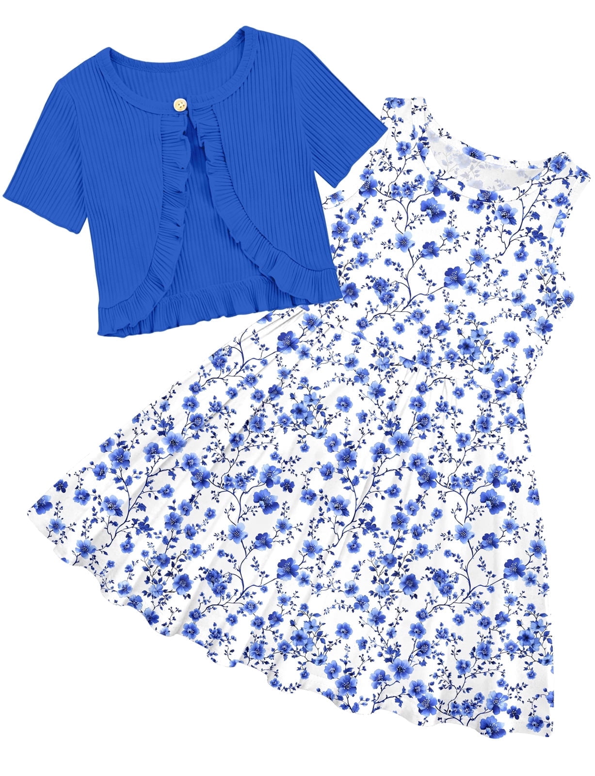 Lanbubble Girls Sleeveless Summer Dress and Cardigan Set (Blue, 7-8 Years) empaf