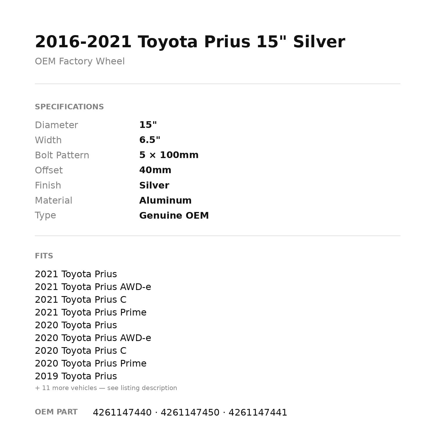 Factory Wheel Warehouse Toyota Prius OEM Factory Wheel Rim (Silver, 15 in) pc20y