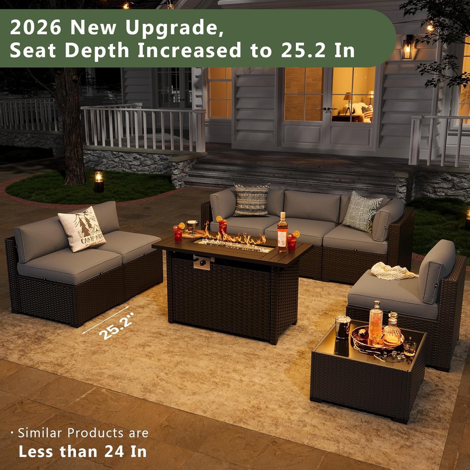 Aoxun 8-Piece Patio Furniture Set with 44 in Fire Pit Table, Wicker Rattan Sectional Sofa with Thickened Cushions (Grey) axdik
