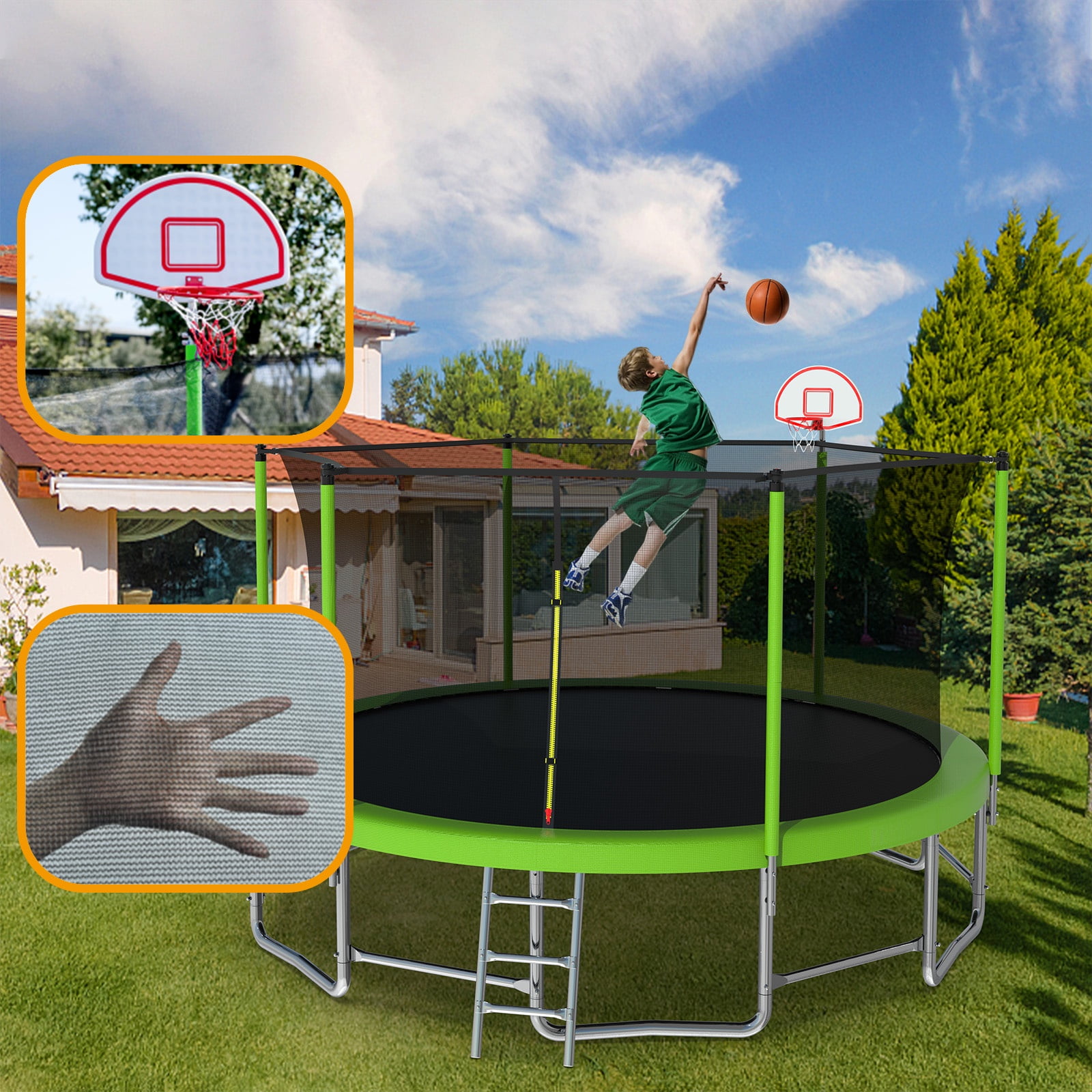 Segmart 16 ft Outdoor Recreational Trampoline with Basketball Hoop and Safety Enclosure Net (Green, 1320 lb) z3gvl
