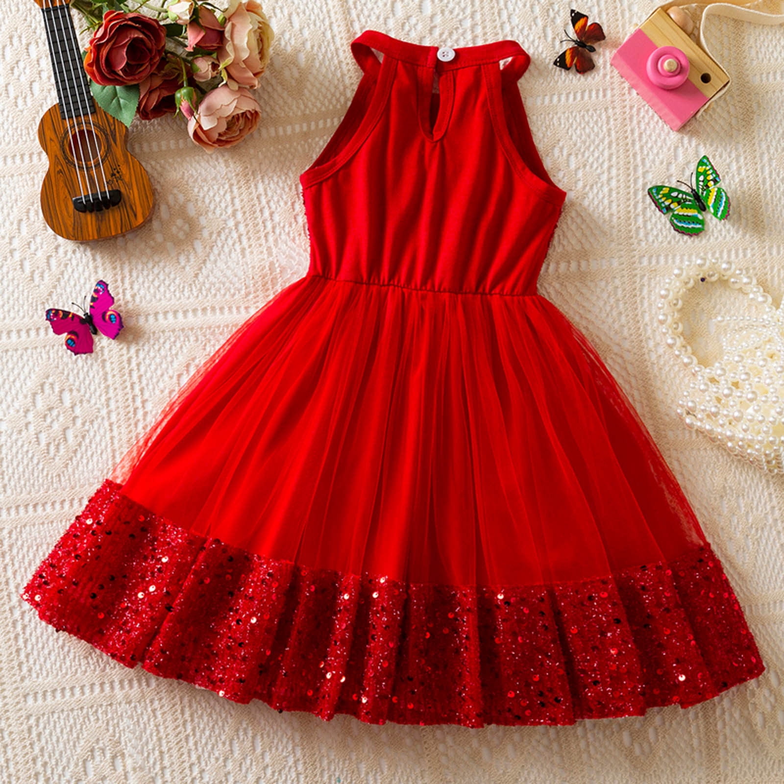 Gelikeya Girls Sequin Sparkly Tutu Dress Sleeveless Party Outfit (Red, 4-5 Years) u3ymr
