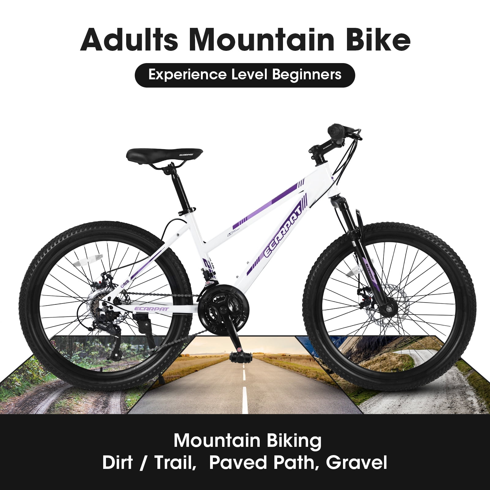 TheEshow 26-inch Mountain Bike, Shimano 21-Speed Trail Bicycle with Dual Disc Brakes and Front Suspension (White, 26 in) k8g7f