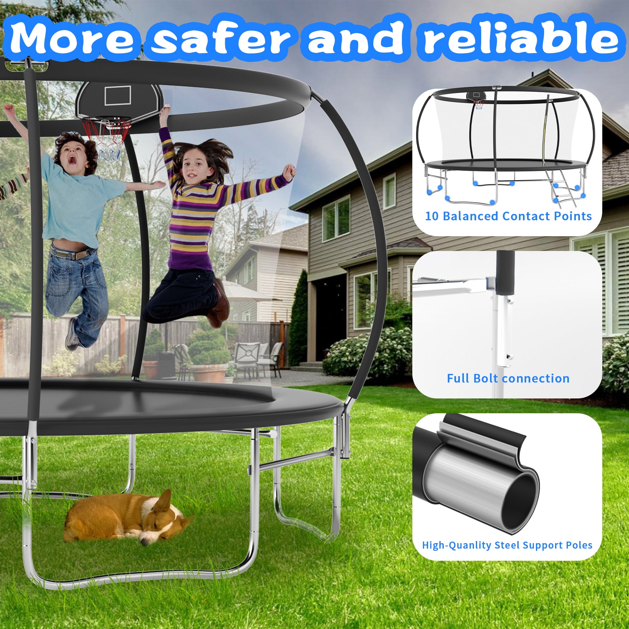 Ovatoys 14 ft Recreational Trampoline with Enclosure, Basketball Hoop, and Ladder (Black, 1400 lb Capacity) 5bwmr