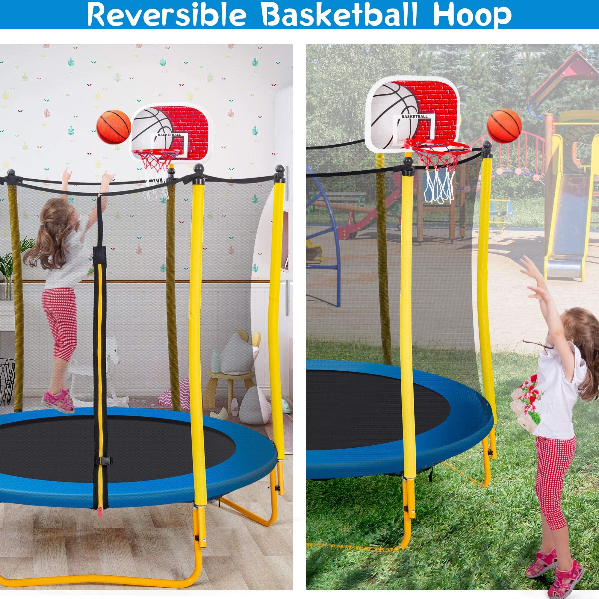Leuco Kids Trampoline with Basketball Hoop and Safety Net (Yellow, 66 in) hsthk