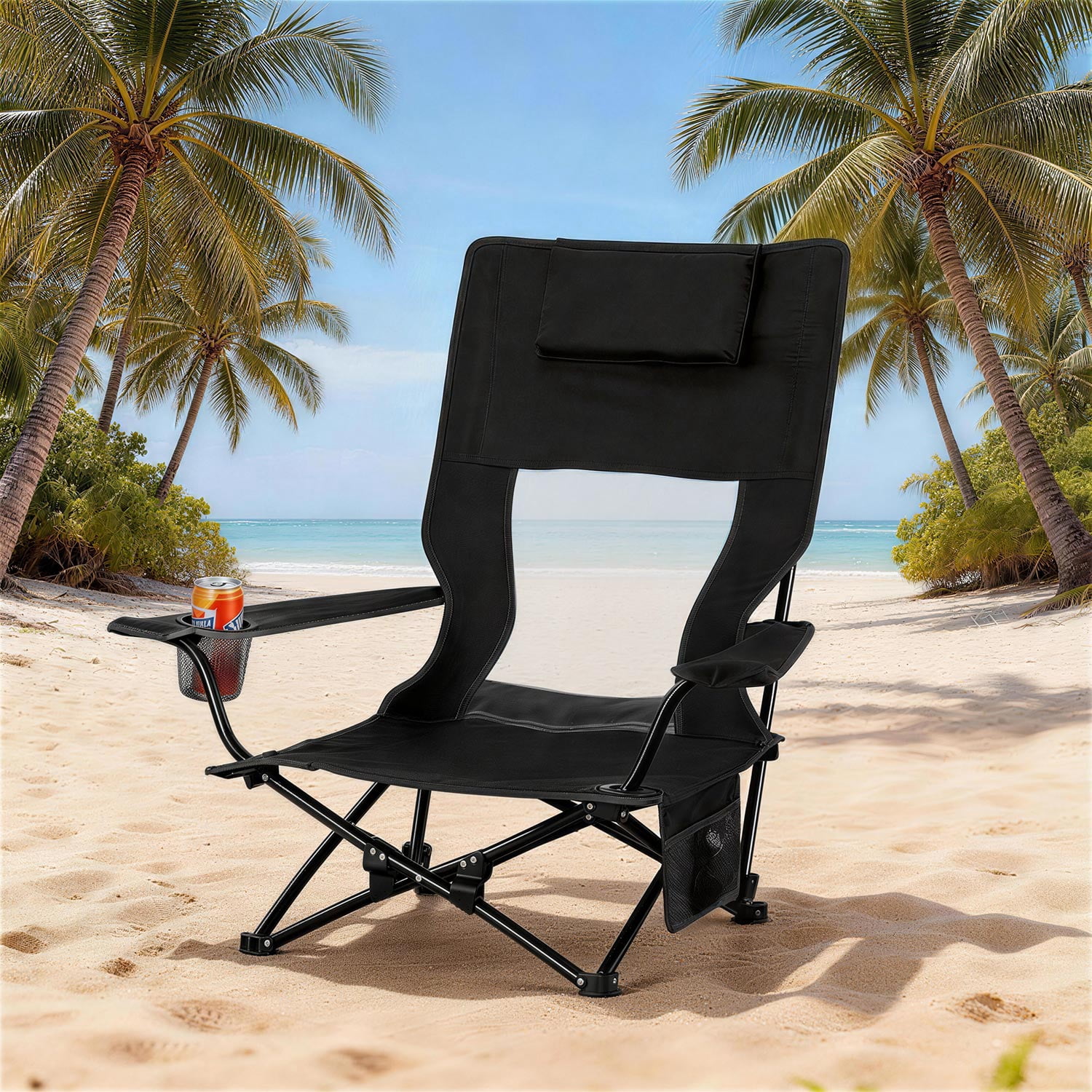 Walchoice Low Beach Chair, Heavy Duty Folding Camping Chair with High Back, Detachable Pillow, and Cup Holder (Black, 30.7 in Wide Seat) appdq